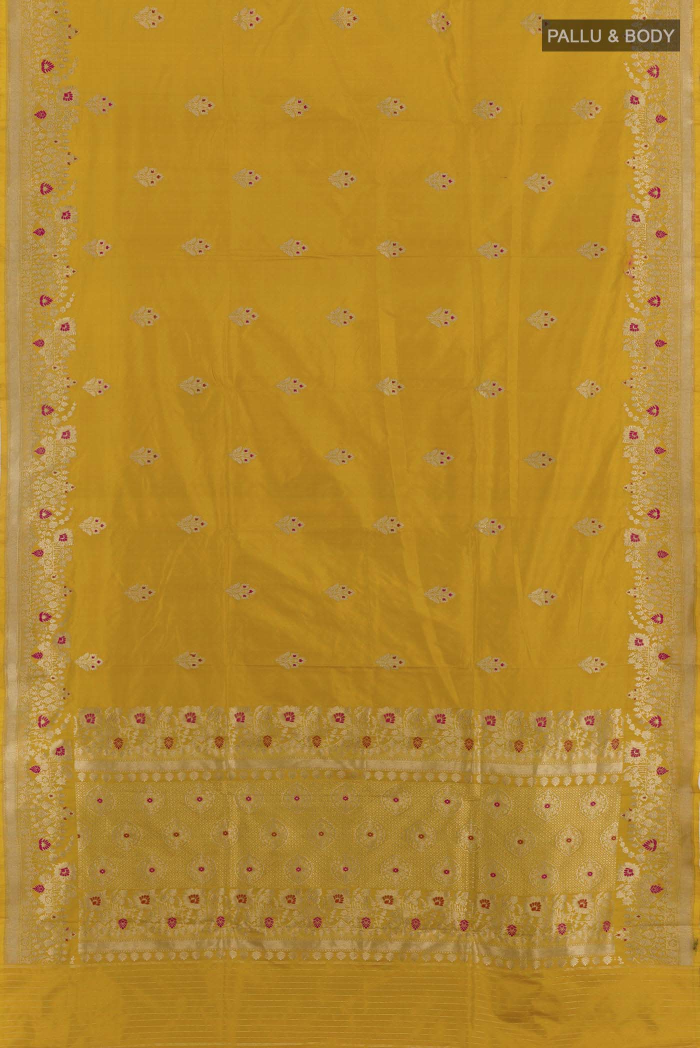 Flat view of Yellow Banarasi Katan Silk Saree with Zari Butta on the body and Zari Border. 