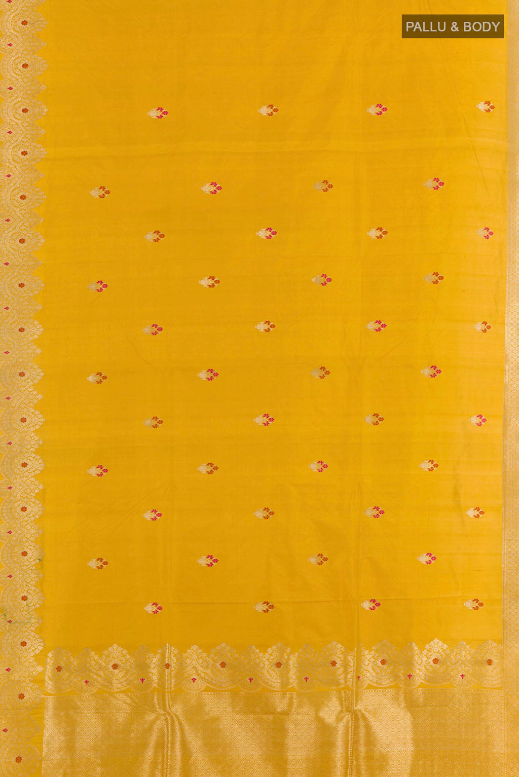 Flat view of Yellow Banarasi Katan Silk Saree with Zari Butta on the body and Zari Border. 