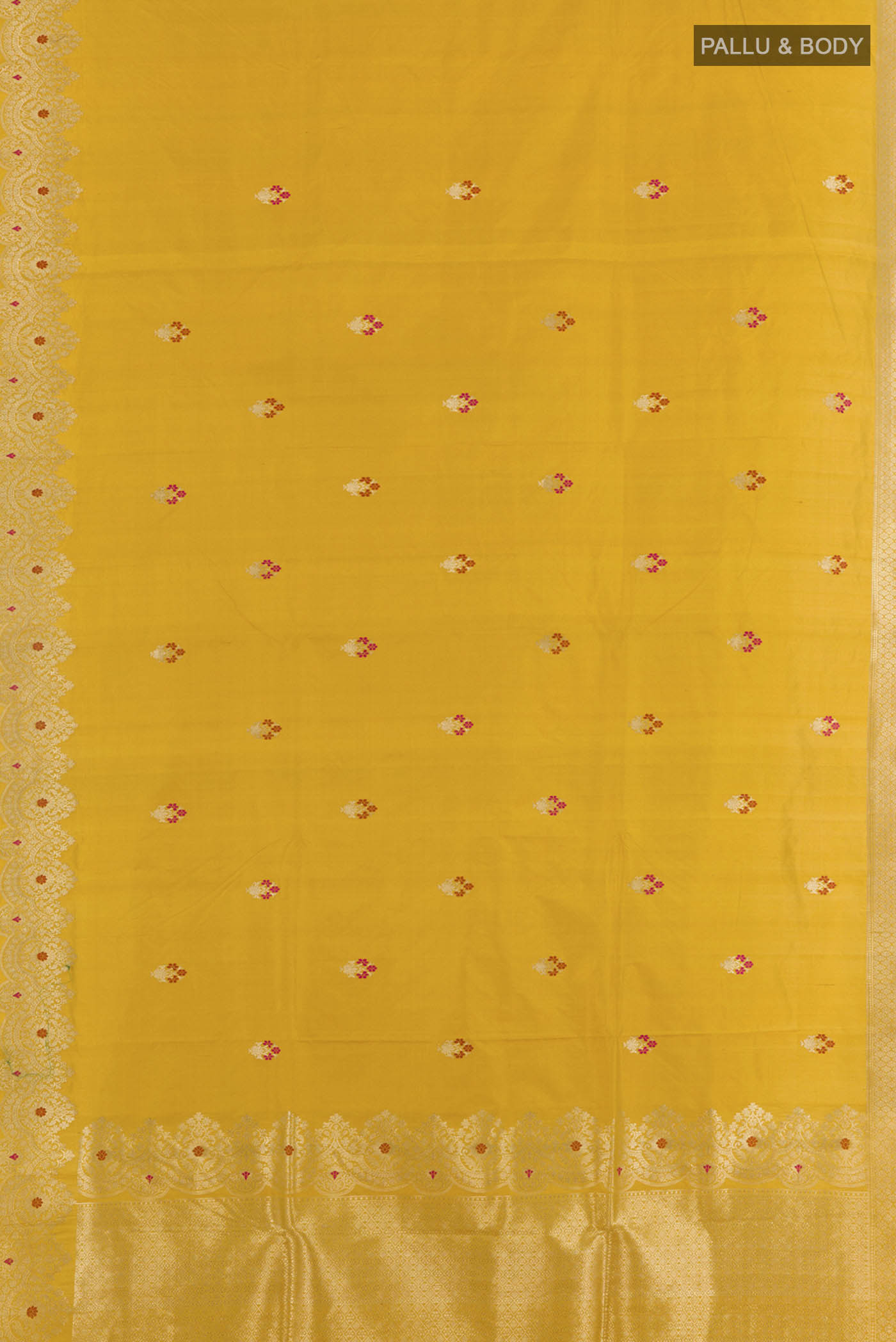 Flat view of Yellow Banarasi Katan Silk Saree with Zari Butta on the body and Zari Border. 