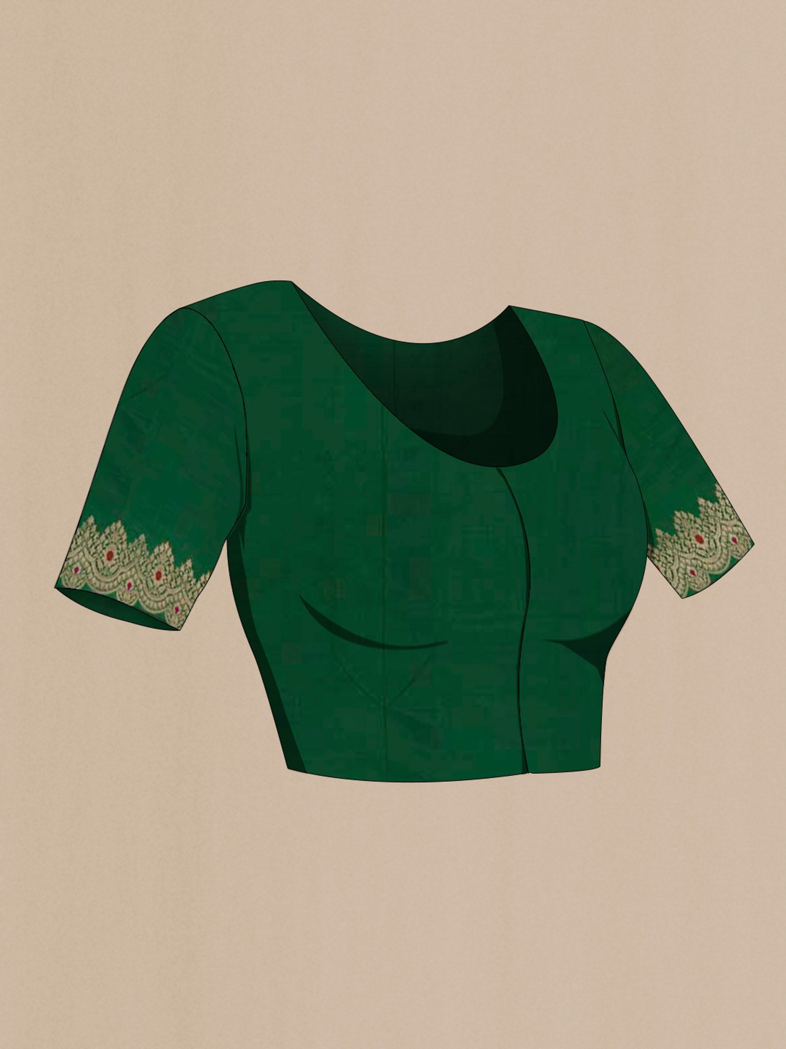 Close up image of the blouse of Green Banarasi Katan Silk Saree with Zari Butta on the body and Zari Border. 