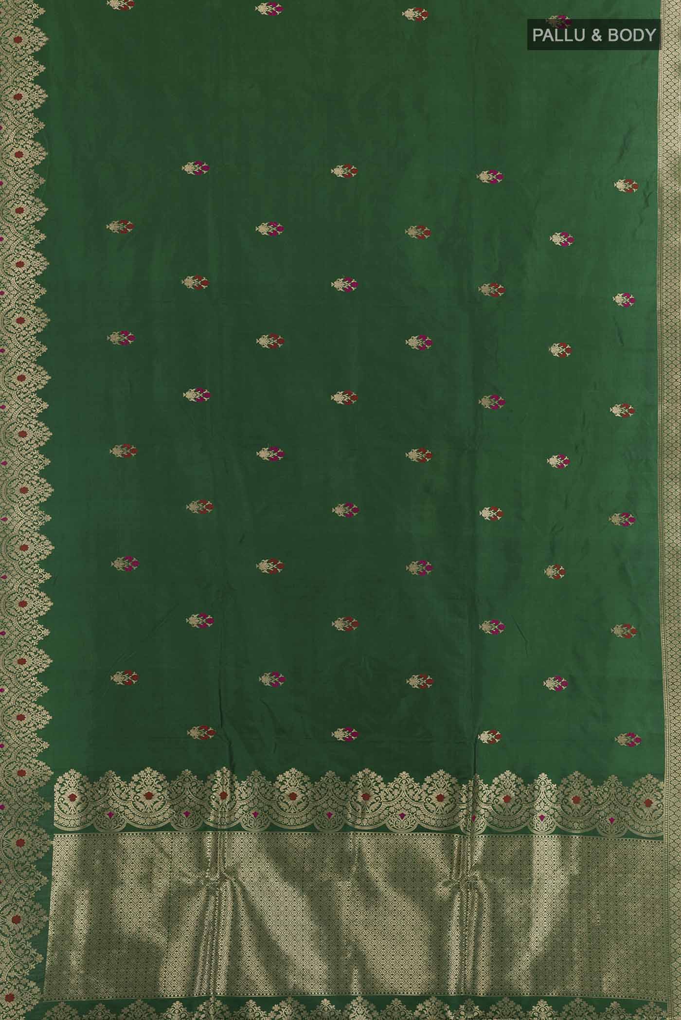 Flat view of Green Banarasi Katan Silk Saree with Zari Butta on the body and Zari Border. 