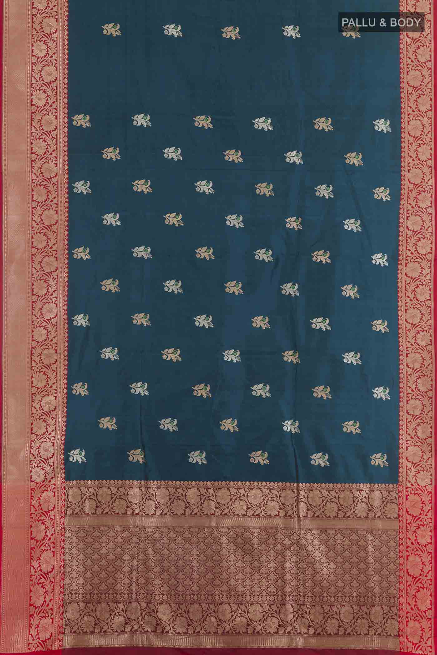 Flat view of Royal Blue Banarasi Katan Silk Saree with Zari Butta on the body and Zari Border. 