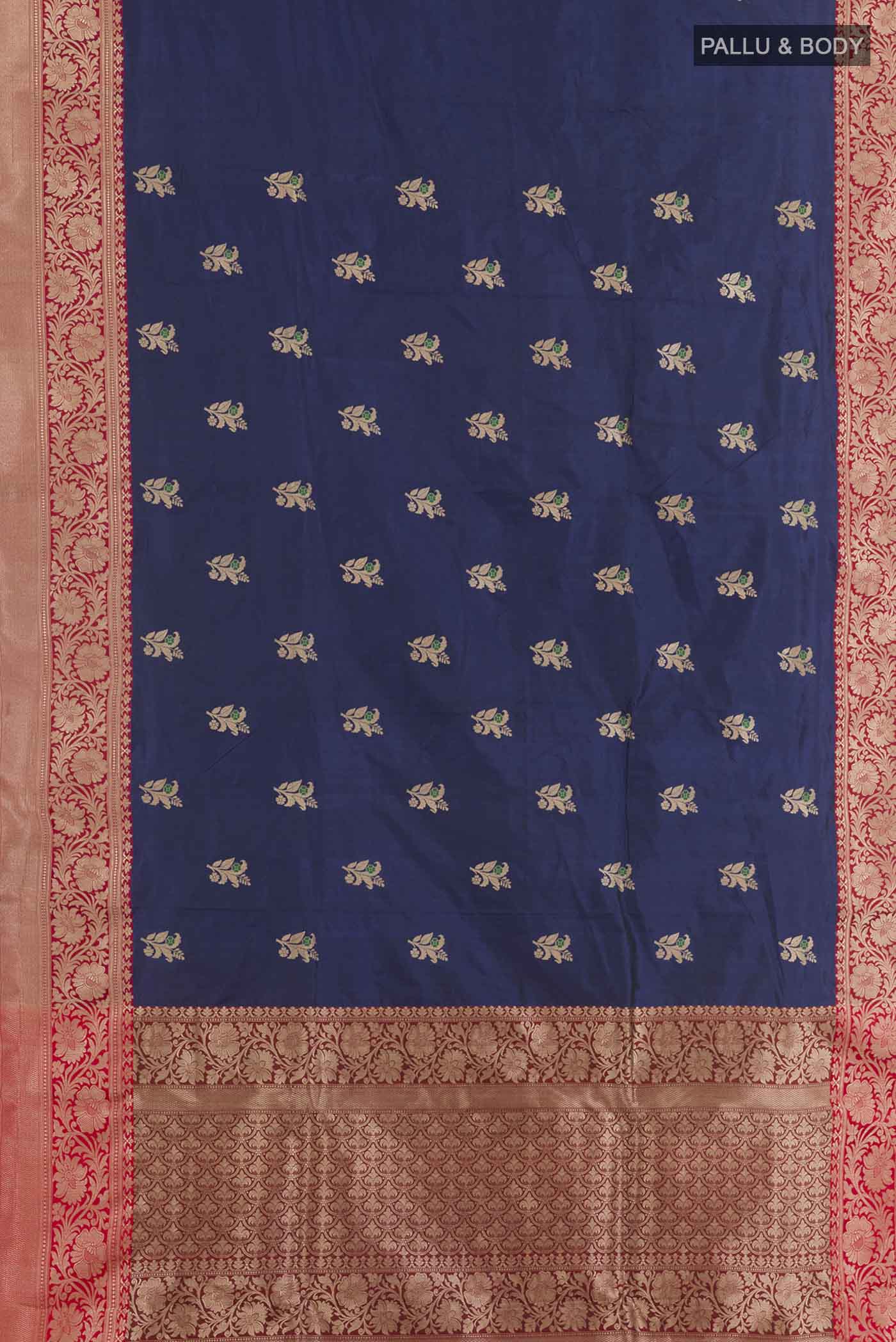 Flat view of Royal Blue Banarasi Katan Silk Saree with Zari Butta on the body and Zari Border. 