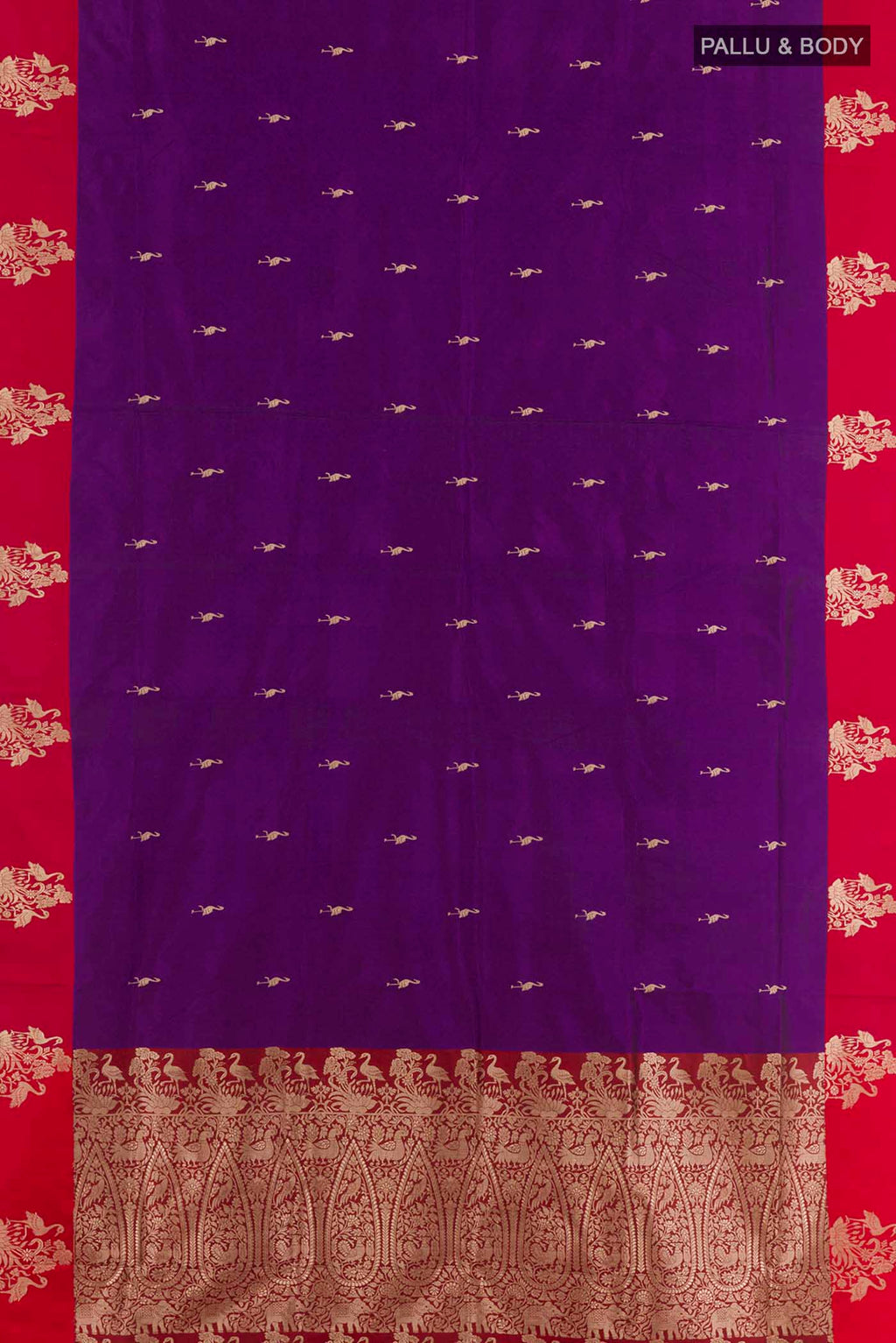 Flat view of Purple Banarasi Katan Silk Saree with Zari Butta on the body and Zari Border. 