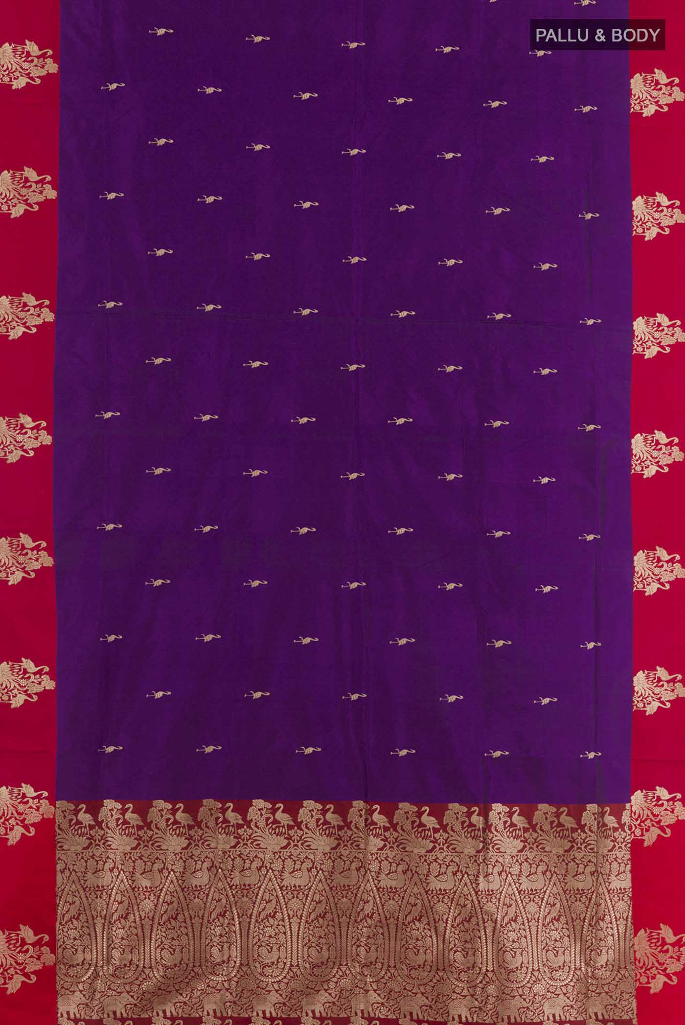 Flat view of Purple Banarasi Katan Silk Saree with Zari Butta on the body and Zari Border. 