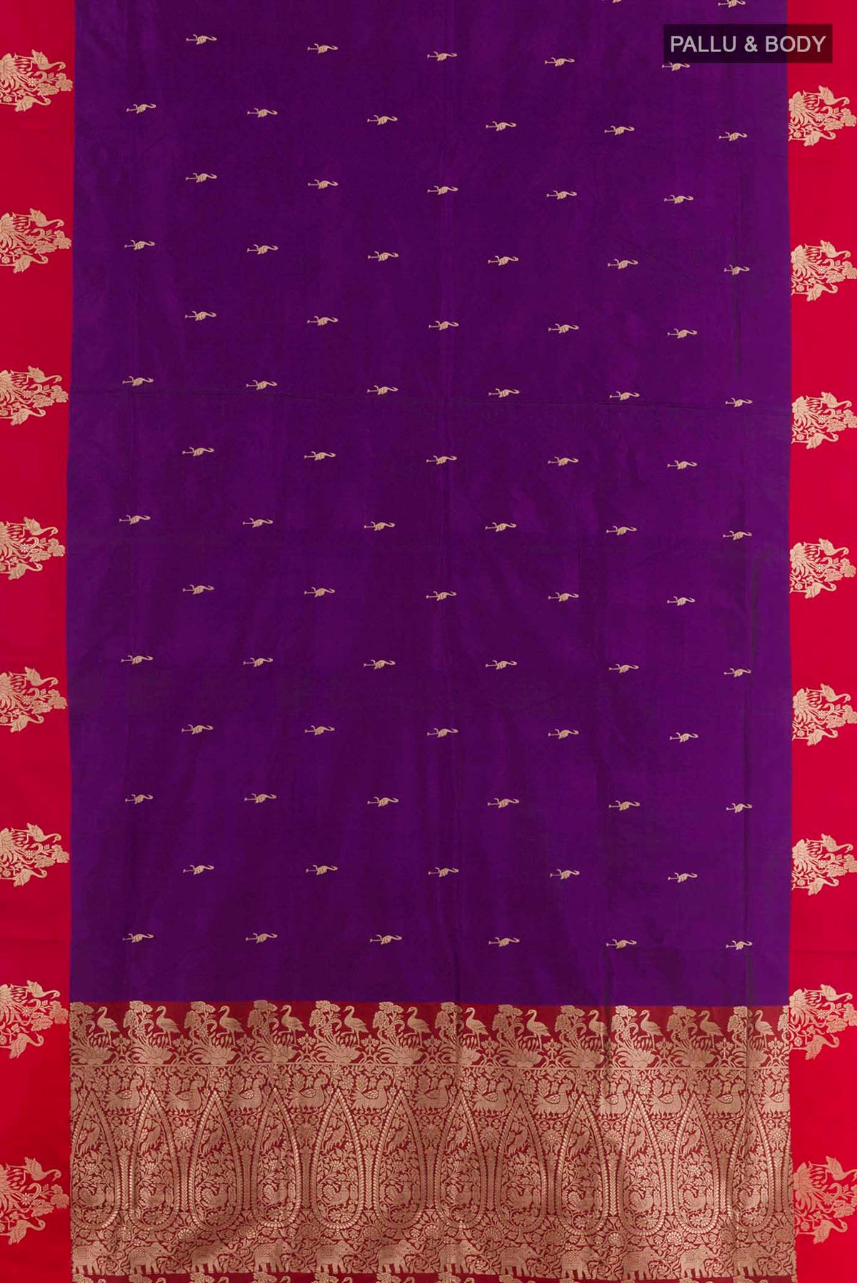 Flat view of Purple Banarasi Katan Silk Saree with Zari Butta on the body and Zari Border. 