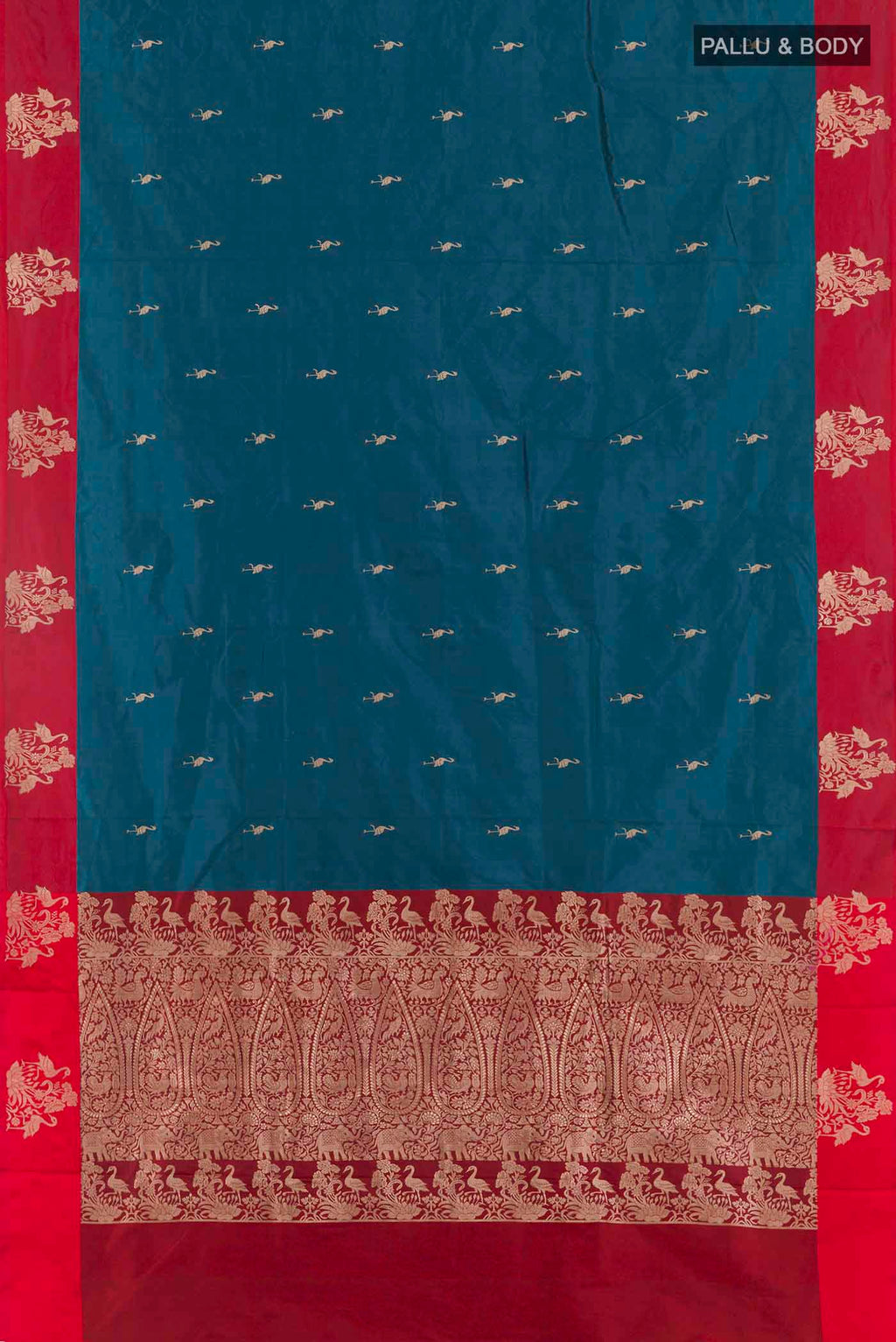 Flat view of Royal Blue Banarasi Katan Silk Saree with Zari Butta on the body and Zari Border. 