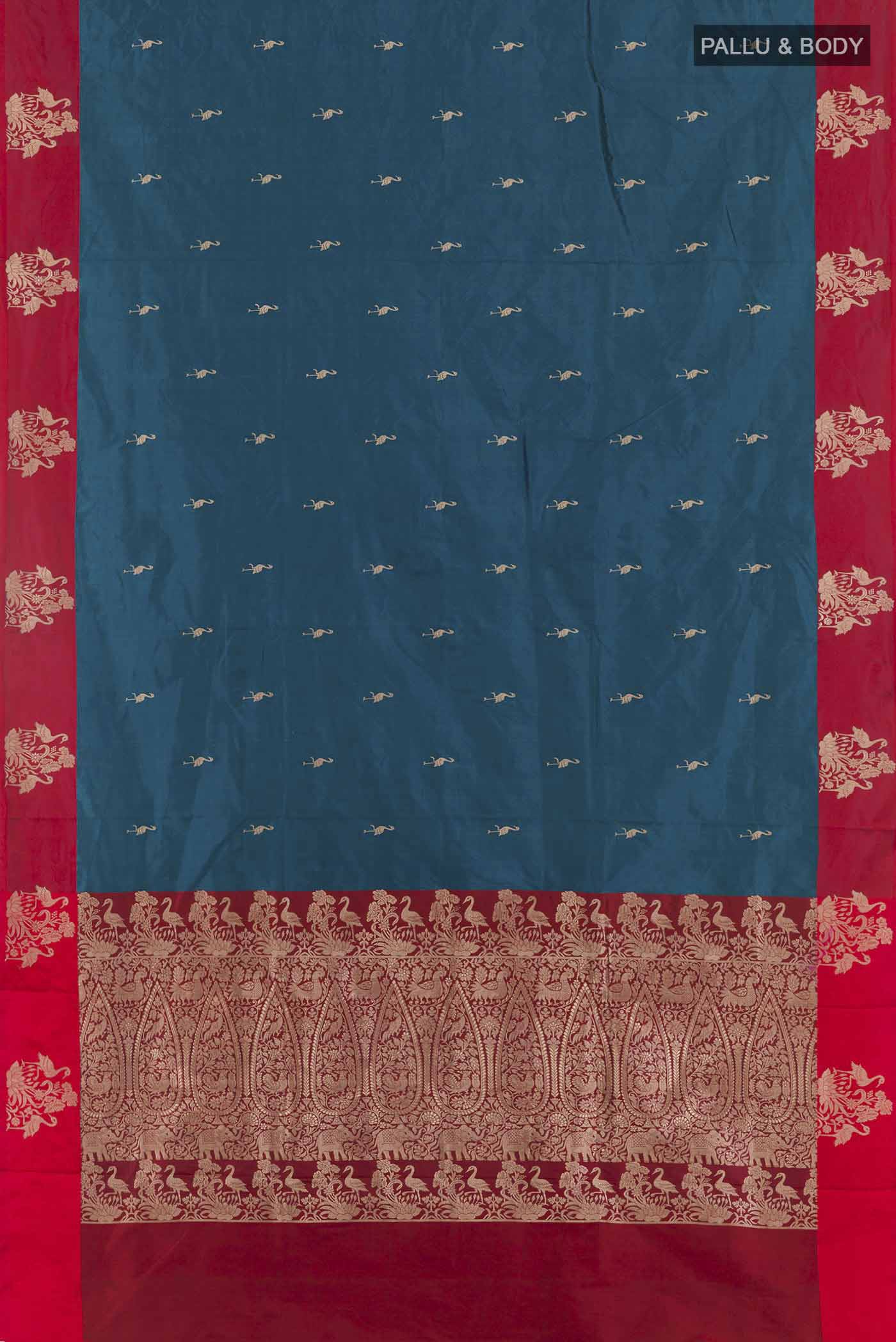 Flat view of Royal Blue Banarasi Katan Silk Saree with Zari Butta on the body and Zari Border. 
