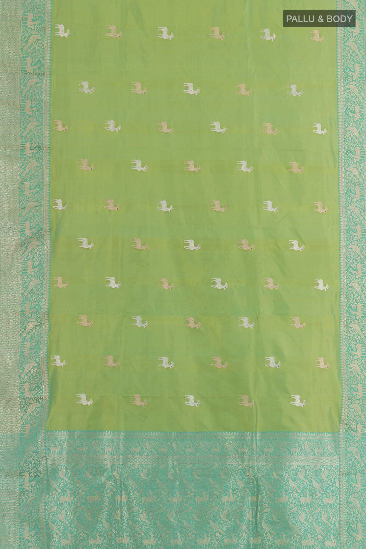 Flat view of Light Green Dual Tone Banarasi Katan Silk Saree with Zari Butta on the body and Zari Border. 
