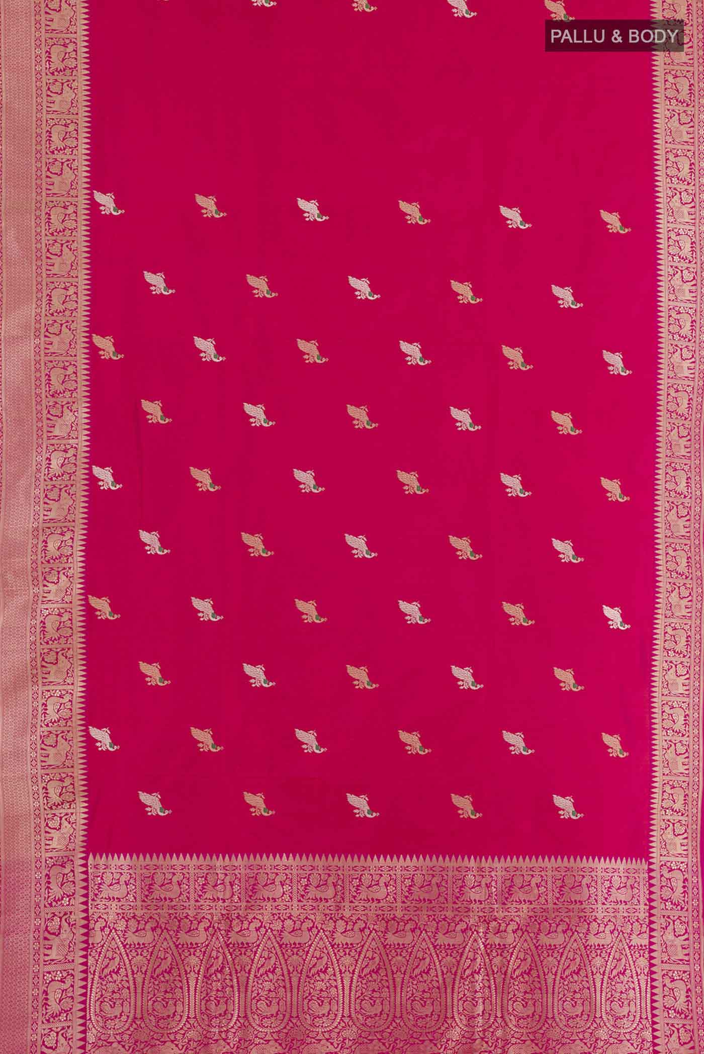 Flat view of Red Dual Tone Banarasi Katan Silk Saree with Zari Butta on the body and Zari Border. 