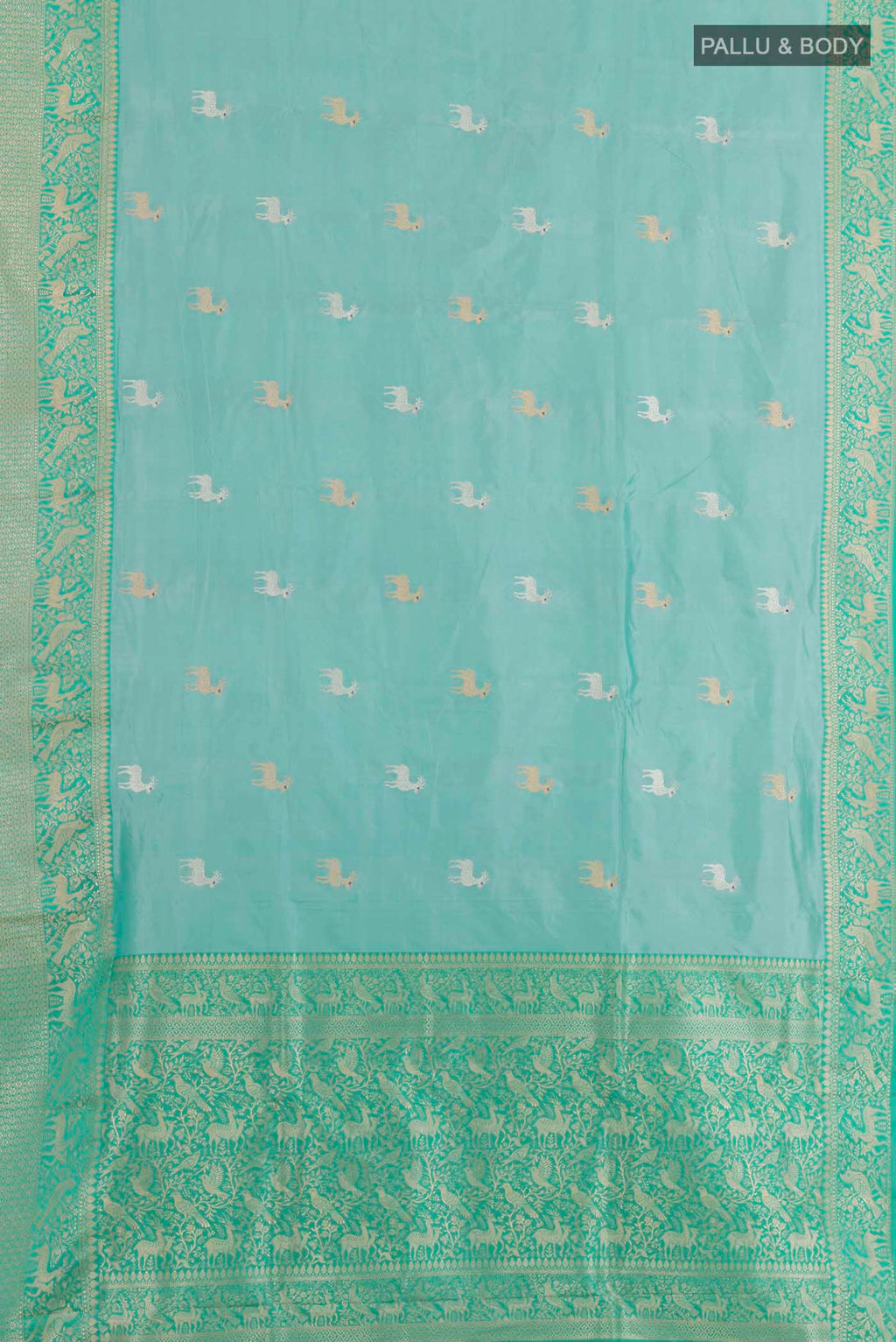 Flat view of Blue Banarasi Katan Silk Saree with Zari Butta on the body and Zari Border. 