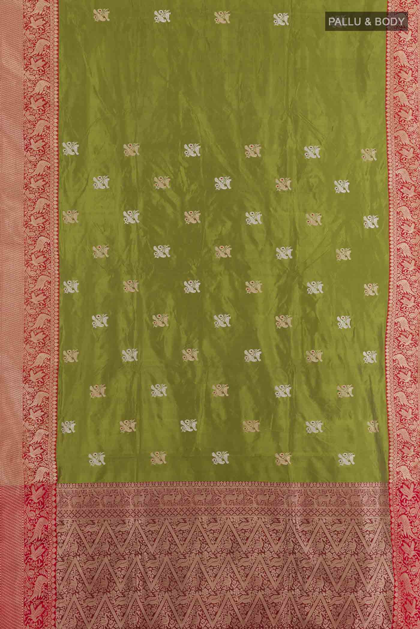 Flat view of Green Banarasi Katan Silk Saree with Zari Butta on the body and Zari Border. 