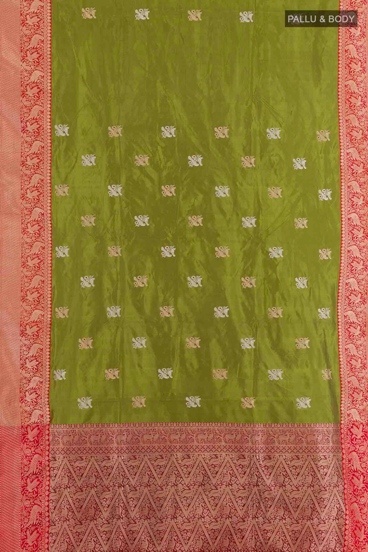Flat view of Green Banarasi Katan Silk Saree with Zari Butta on the body and Zari Border. 