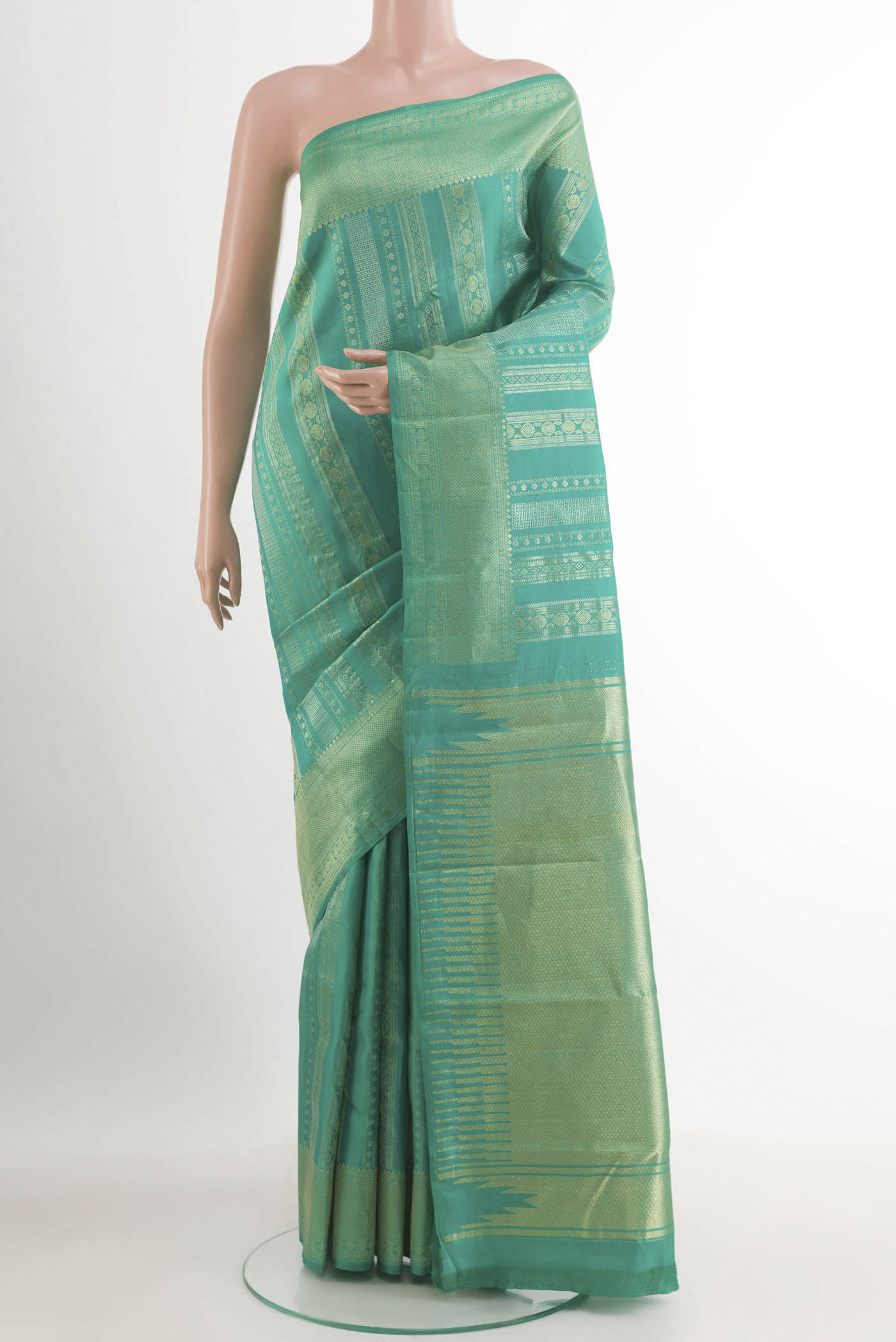 Sea Green Kanchipuram Silk Saree with Zari Brocade on the body and Zari Border.  displayed on a mannequin