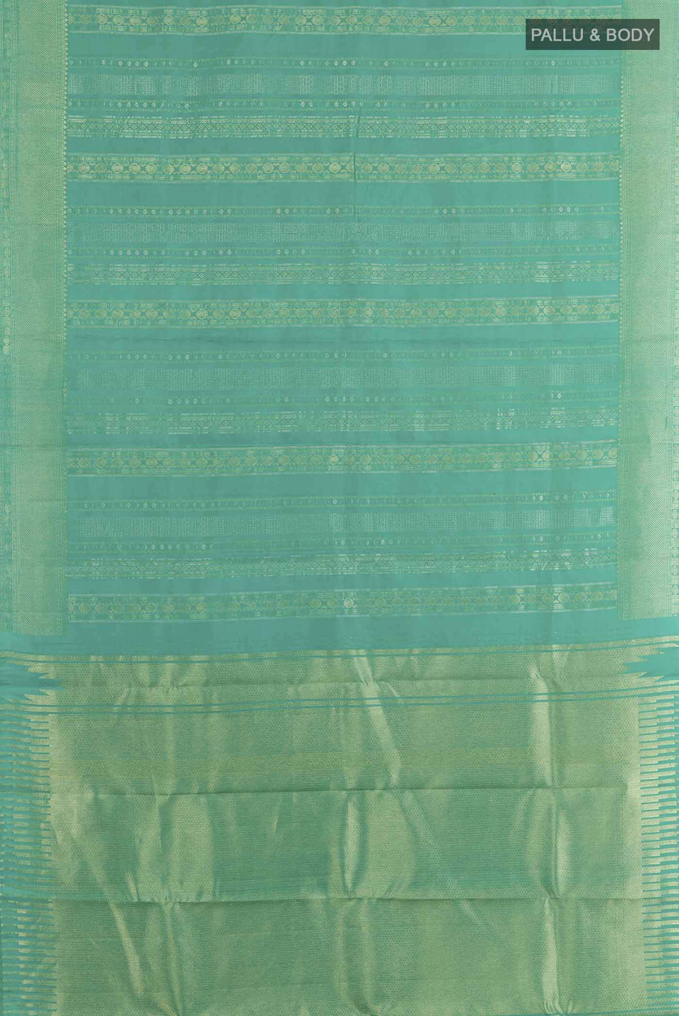 Flat view of Sea Green Kanchipuram Silk Saree with Zari Brocade on the body and Zari Border. 