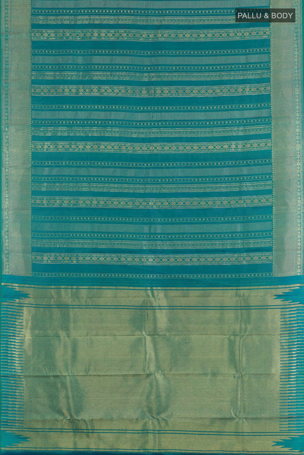 Flat view of Green Dual Tone Kanchipuram Silk Saree with Zari Brocade on the body and Zari Border. 