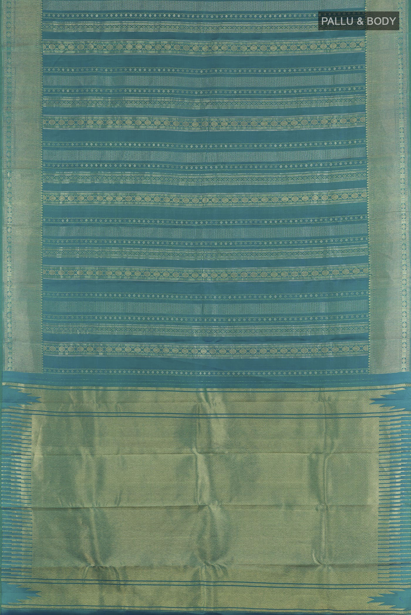 Flat view of Green Dual Tone Kanchipuram Silk Saree with Zari Brocade on the body and Zari Border. 