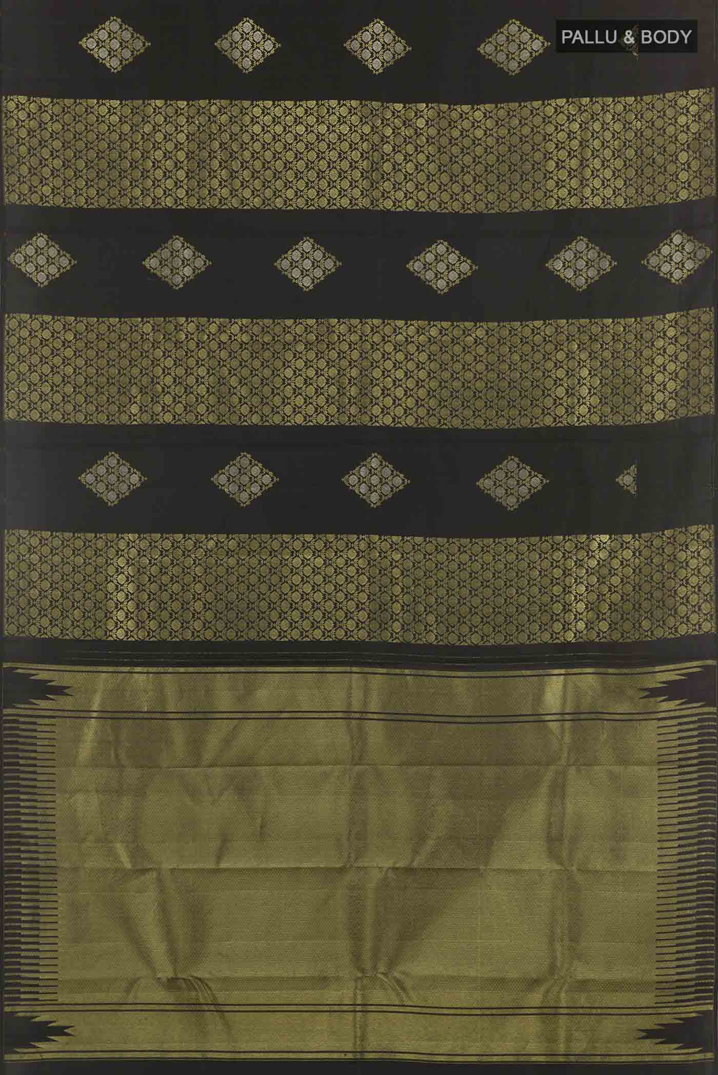 Flat view of Black Kanchipuram Silk Saree with Zari Butta on the body and Zari Border. 