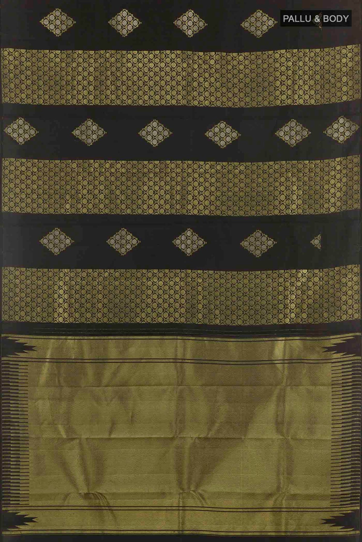 Flat view of Black Kanchipuram Silk Saree with Zari Butta on the body and Zari Border. 