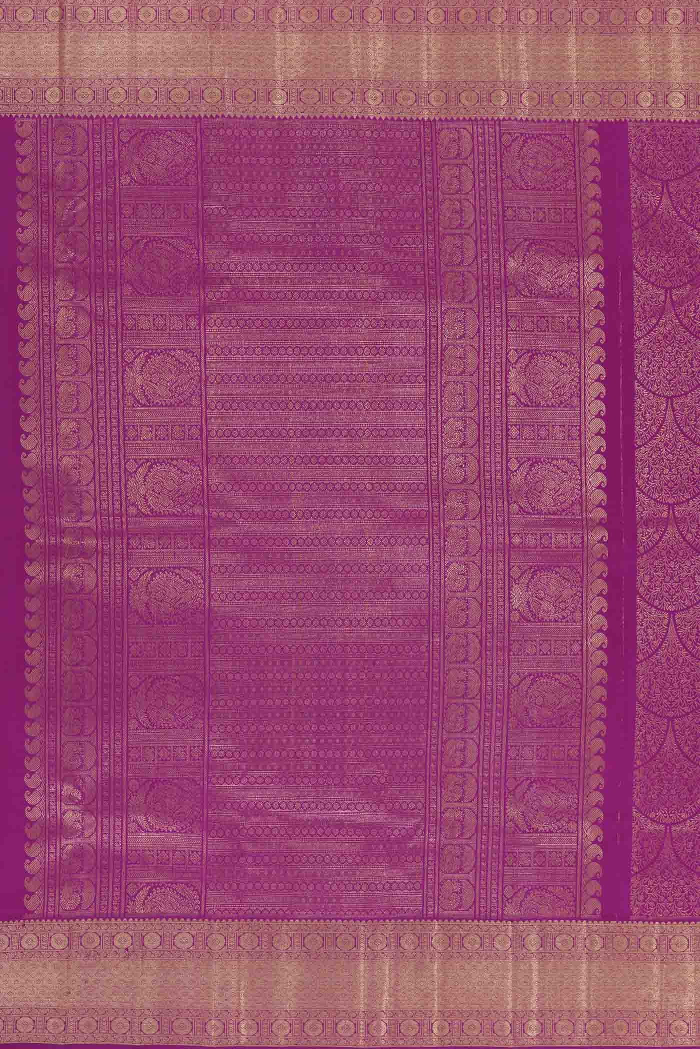 Close up image of the pallu of Purple Kanchipuram Silk Saree with Zari Brocade on the body and Zari Border. 