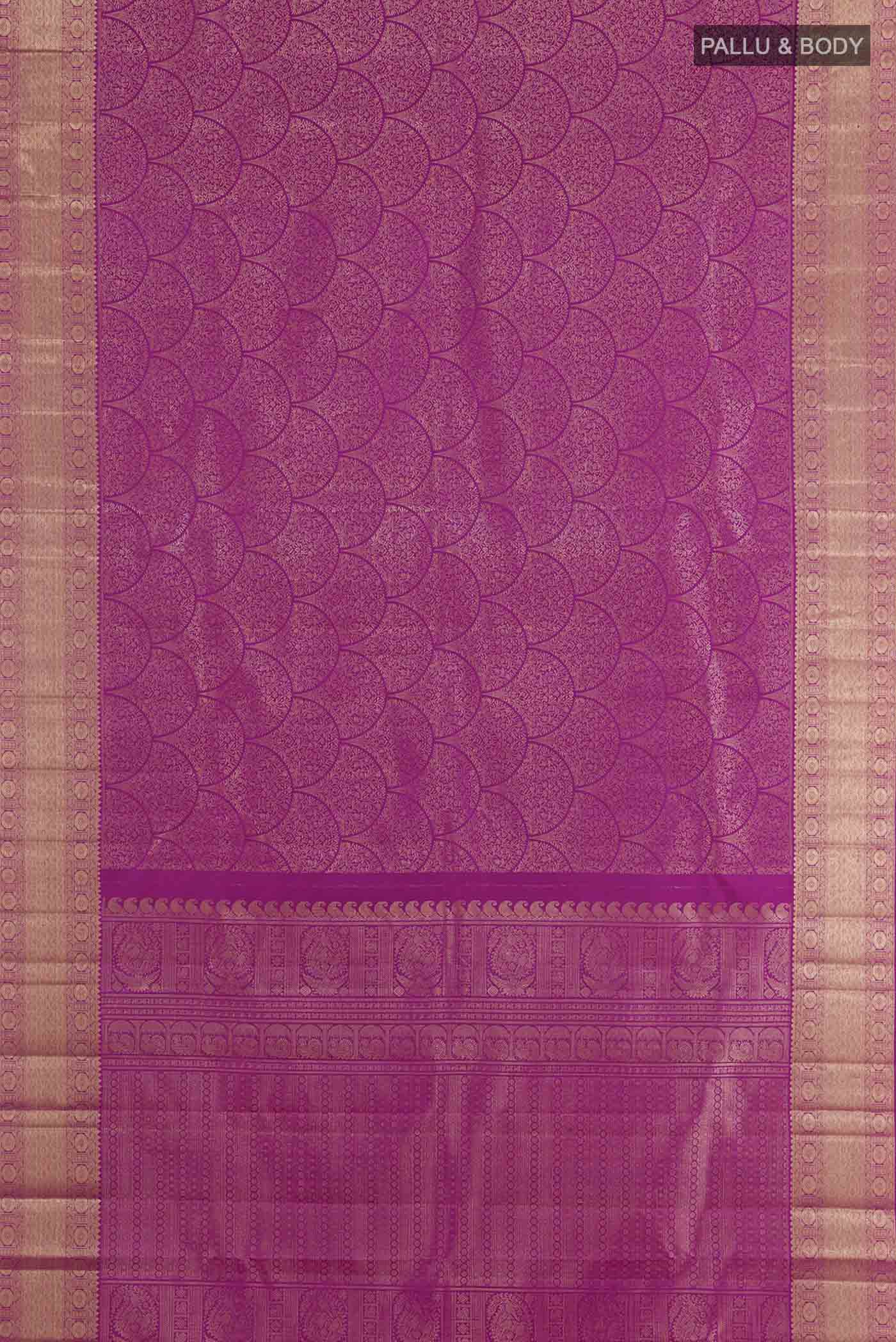 Flat view of Purple Kanchipuram Silk Saree with Zari Brocade on the body and Zari Border. 