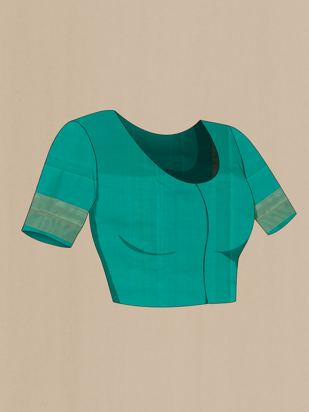 Close up image of the blouse of Turquoise Kanjivaram Silk Saree with Zari Brocade on the body and Without Border. 