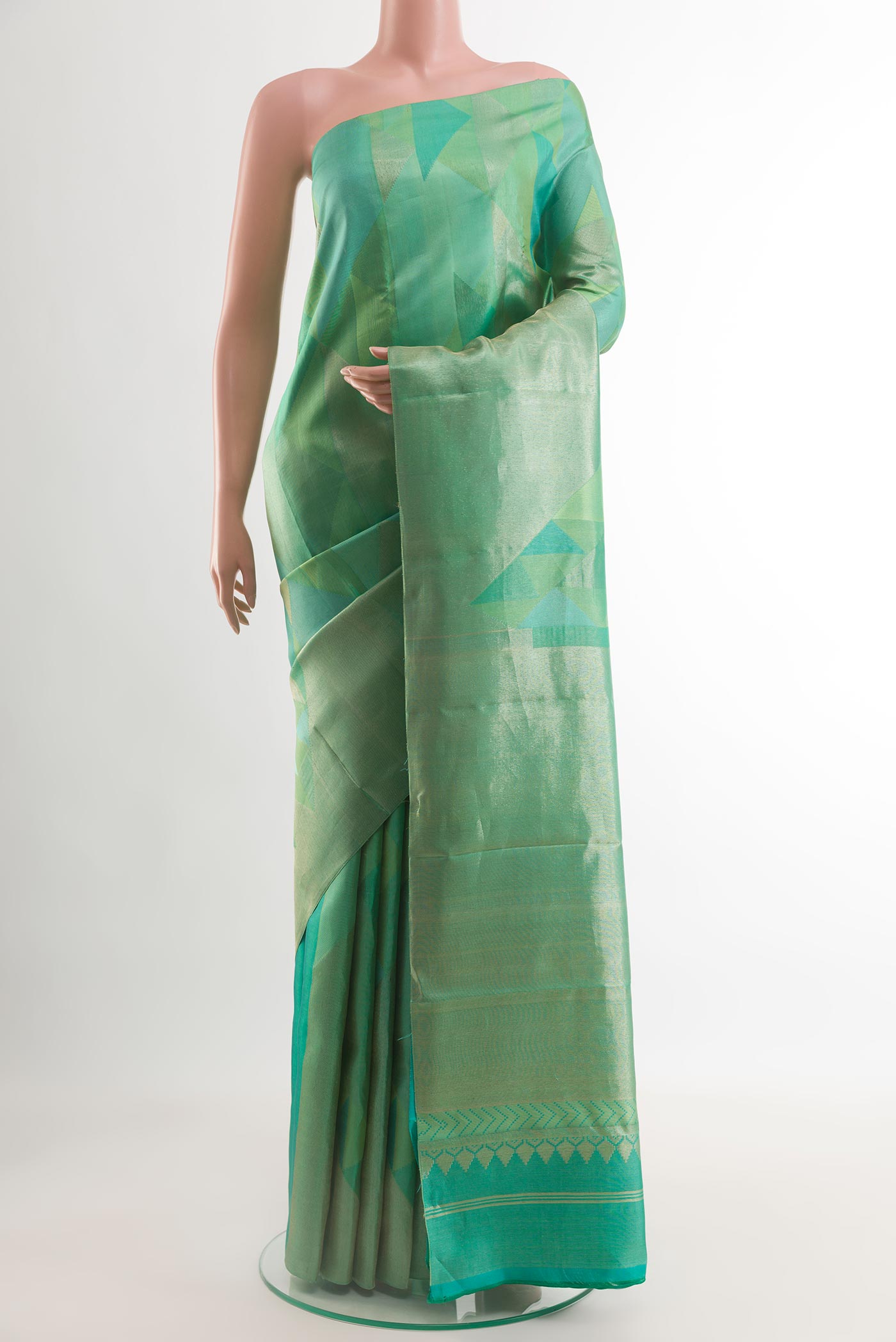 Turquoise Kanjivaram Silk Saree with Zari Brocade on the body and Without Border.  displayed on a mannequin