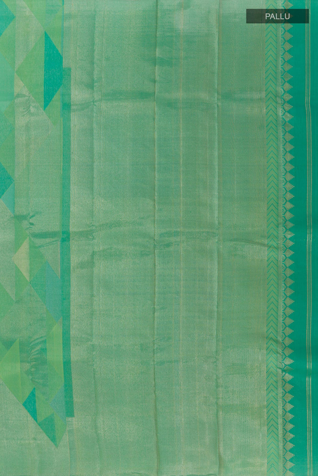 Close up image of the pallu of Turquoise Kanjivaram Silk Saree with Zari Brocade on the body and Without Border. 