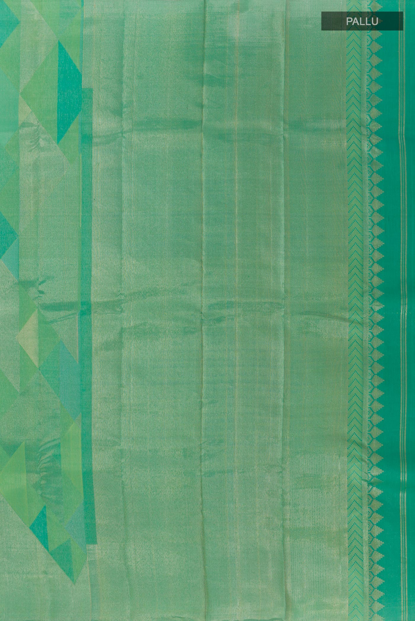 Close up image of the pallu of Turquoise Kanjivaram Silk Saree with Zari Brocade on the body and Without Border. 