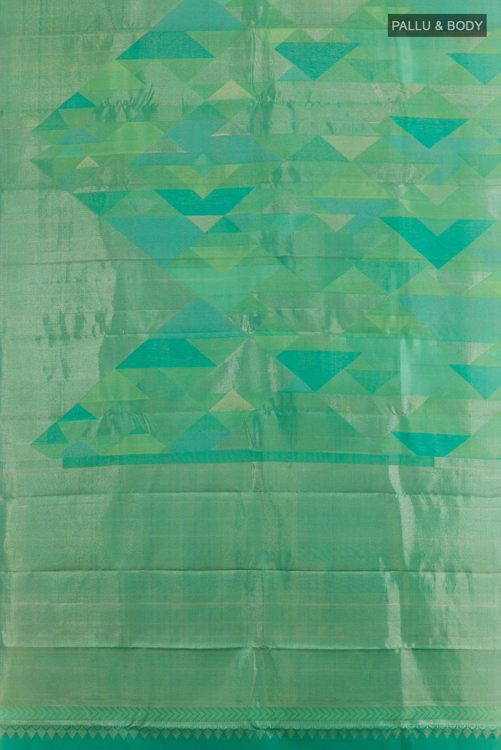 Flat view of Turquoise Kanjivaram Silk Saree with Zari Brocade on the body and Without Border. 