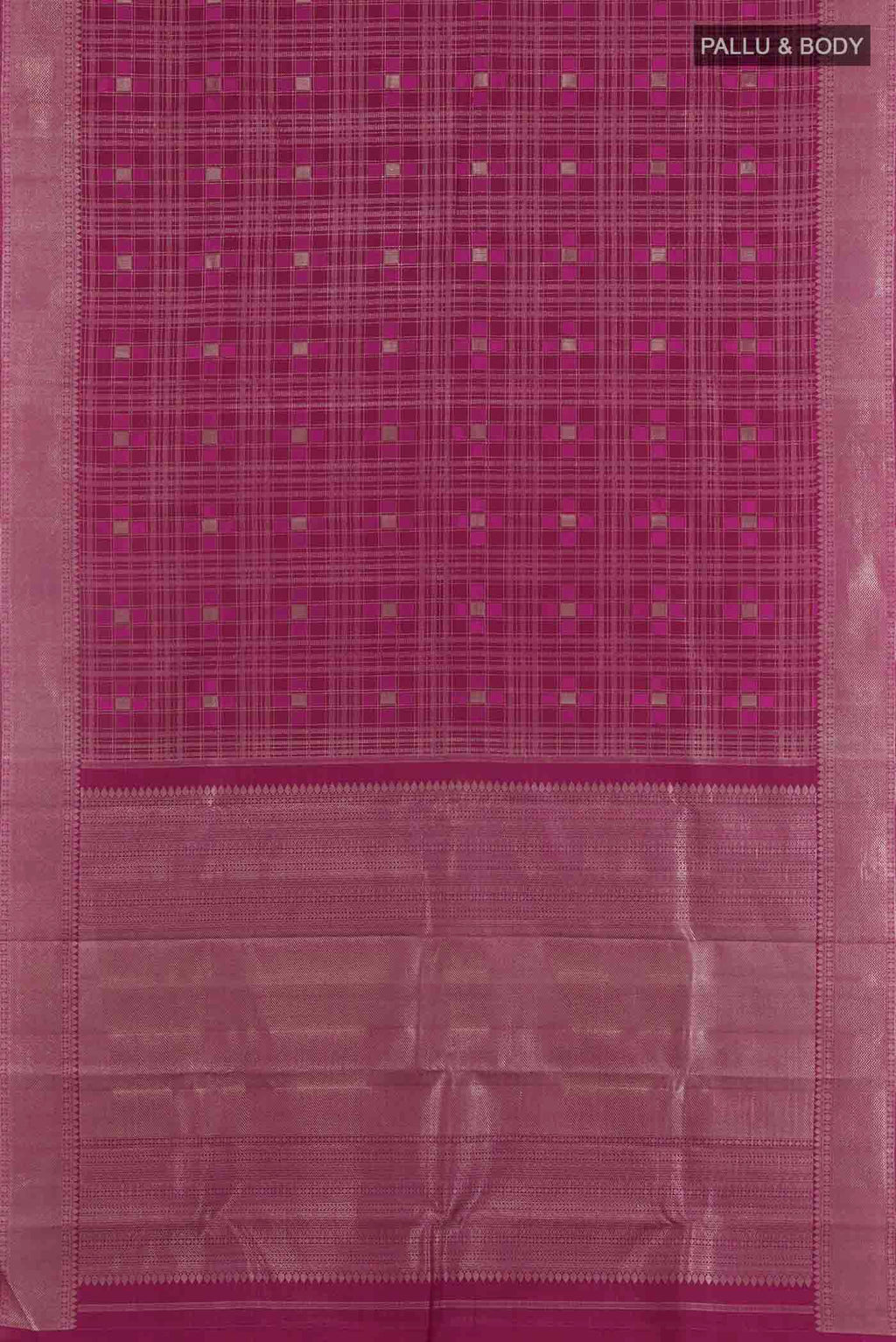 Flat view of Purple Kanjivaram Silk Saree with Zari Brocade on the body and Ganga Jamuna Border. 