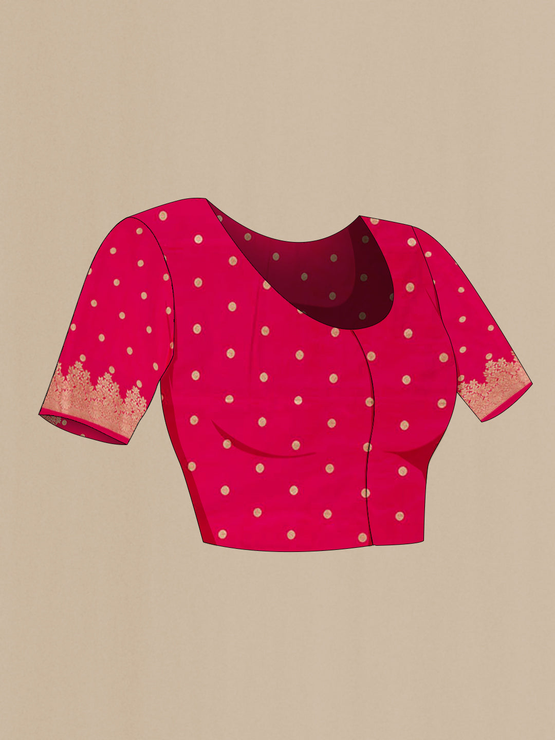Close up image of the blouse of Pink Banarasi Silk Saree with Plain Body and Zari Border. 