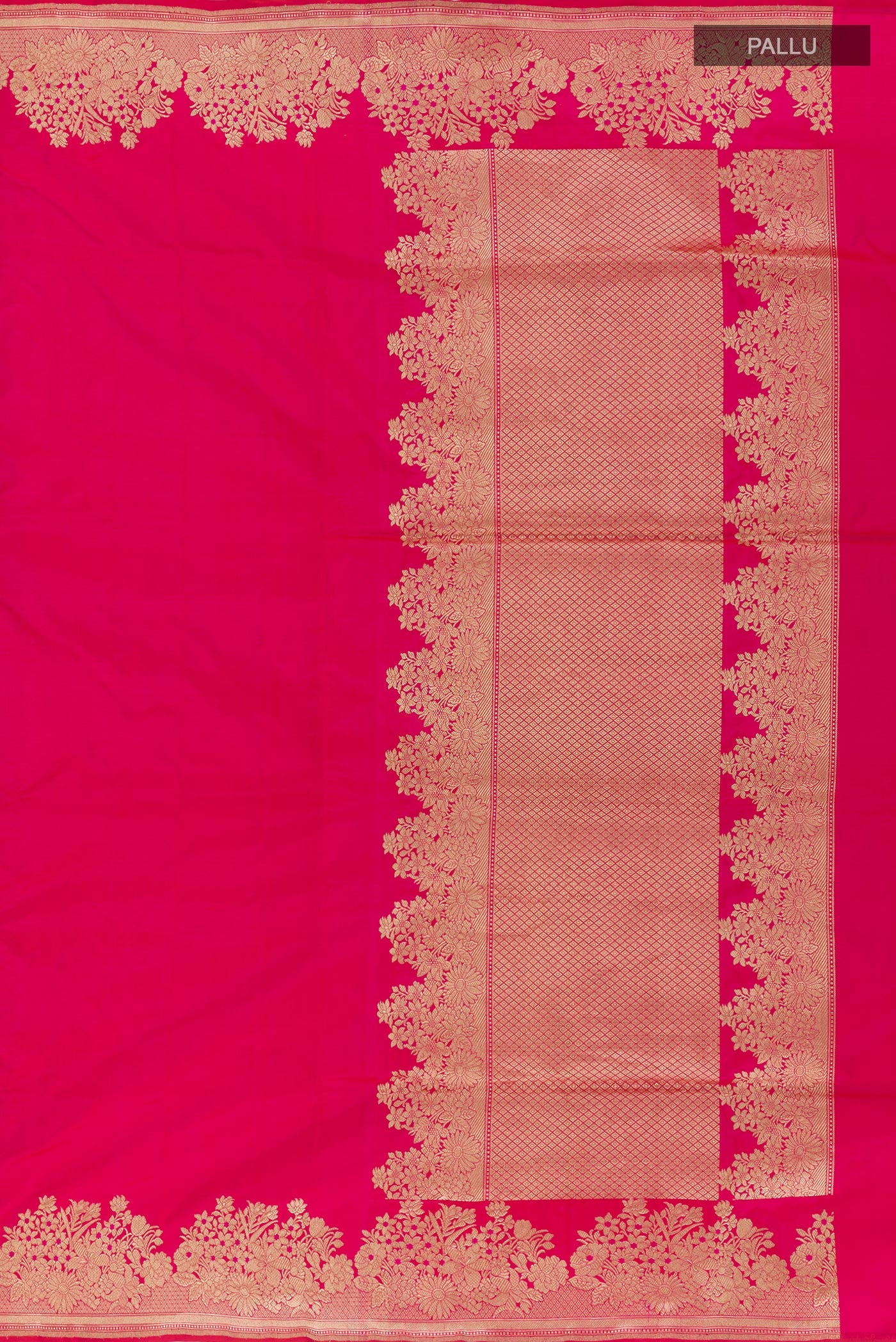 Close up image of the pallu of Pink Banarasi Silk Saree with Plain Body and Zari Border. 