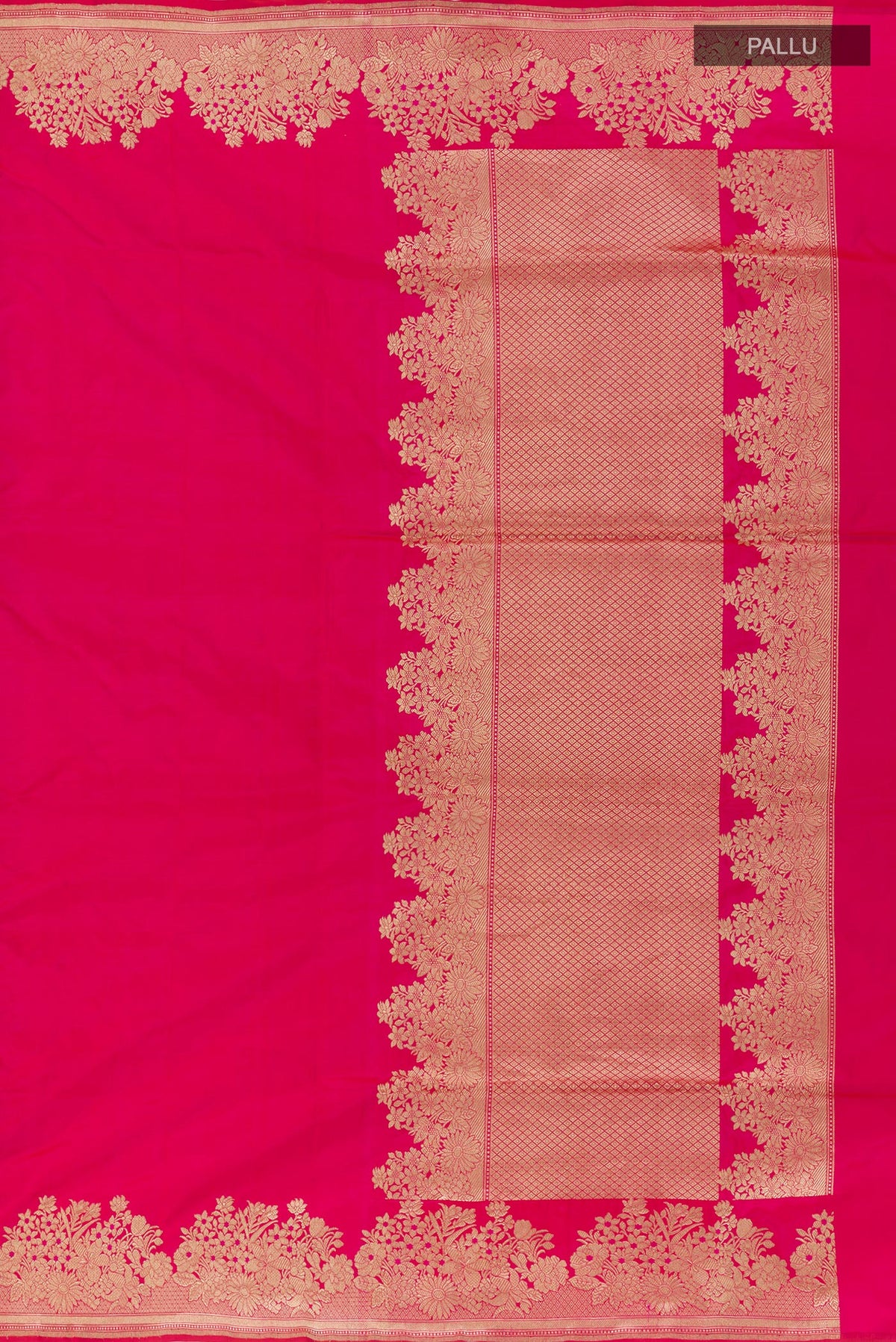 Close up image of the pallu of Pink Banarasi Silk Saree with Plain Body and Zari Border. 