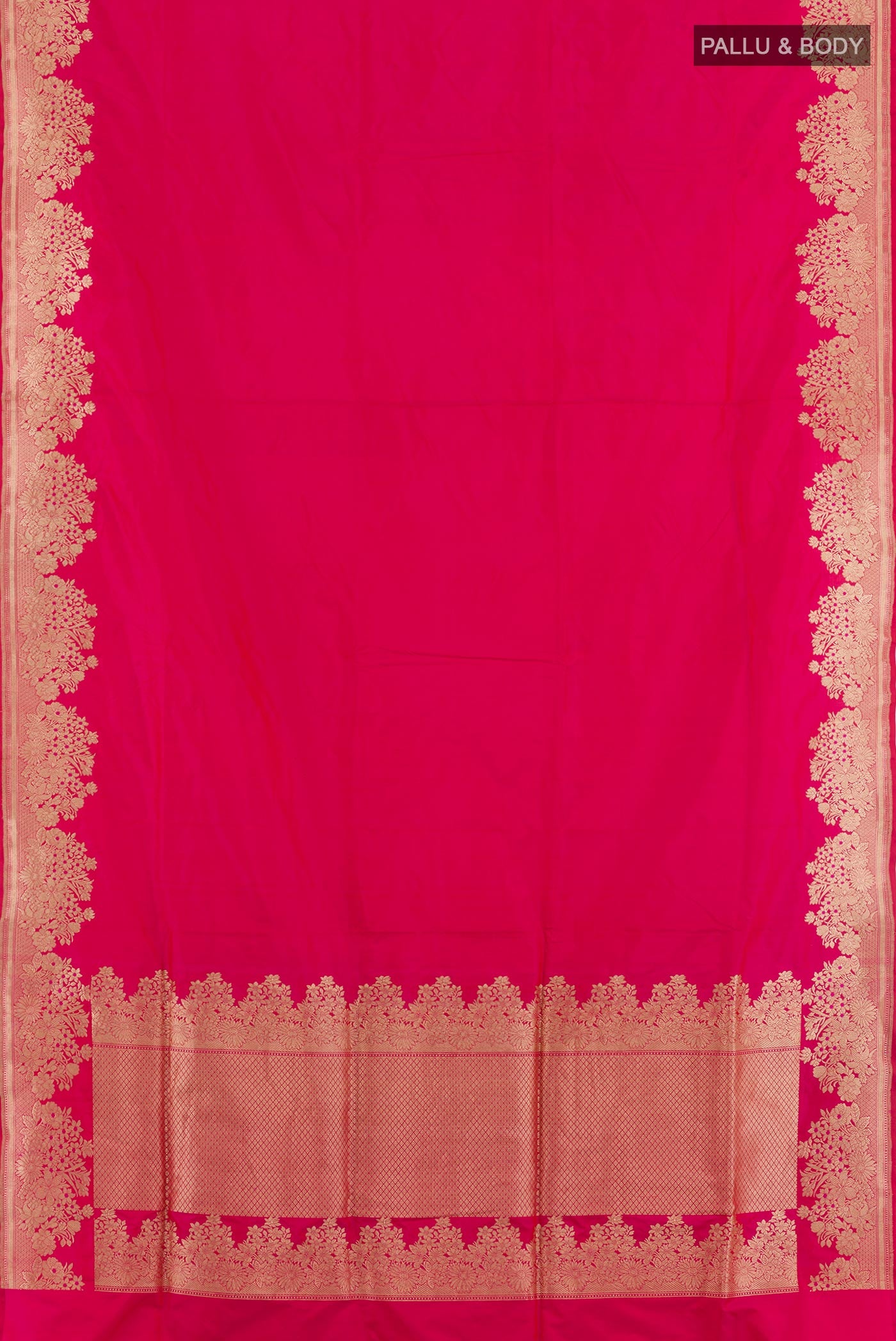 Flat view of Pink Banarasi Silk Saree with Plain Body and Zari Border. 