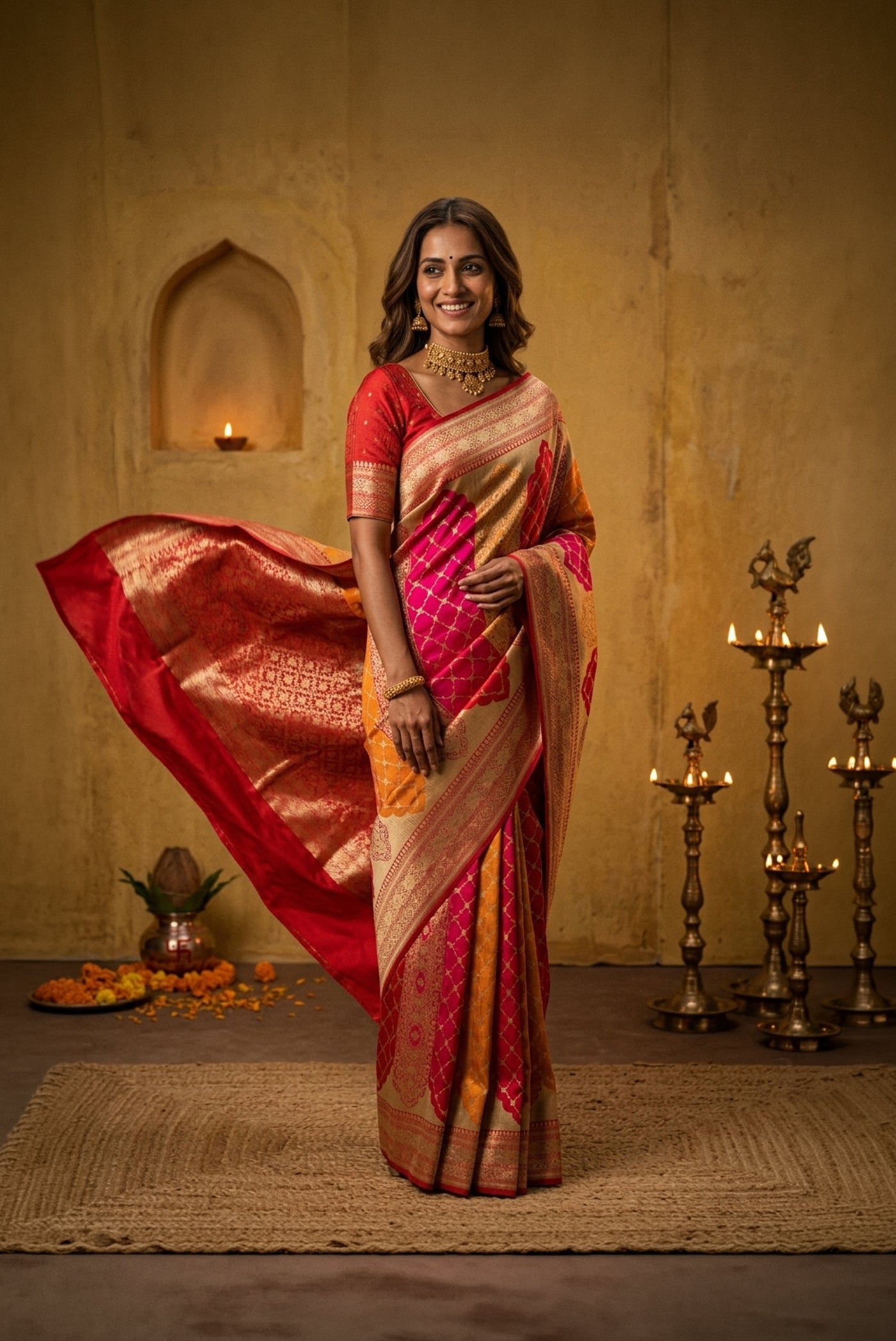 Model wearing a Multi Color Banarasi Silk Saree with Zari Brocade on the body and Zari Border.