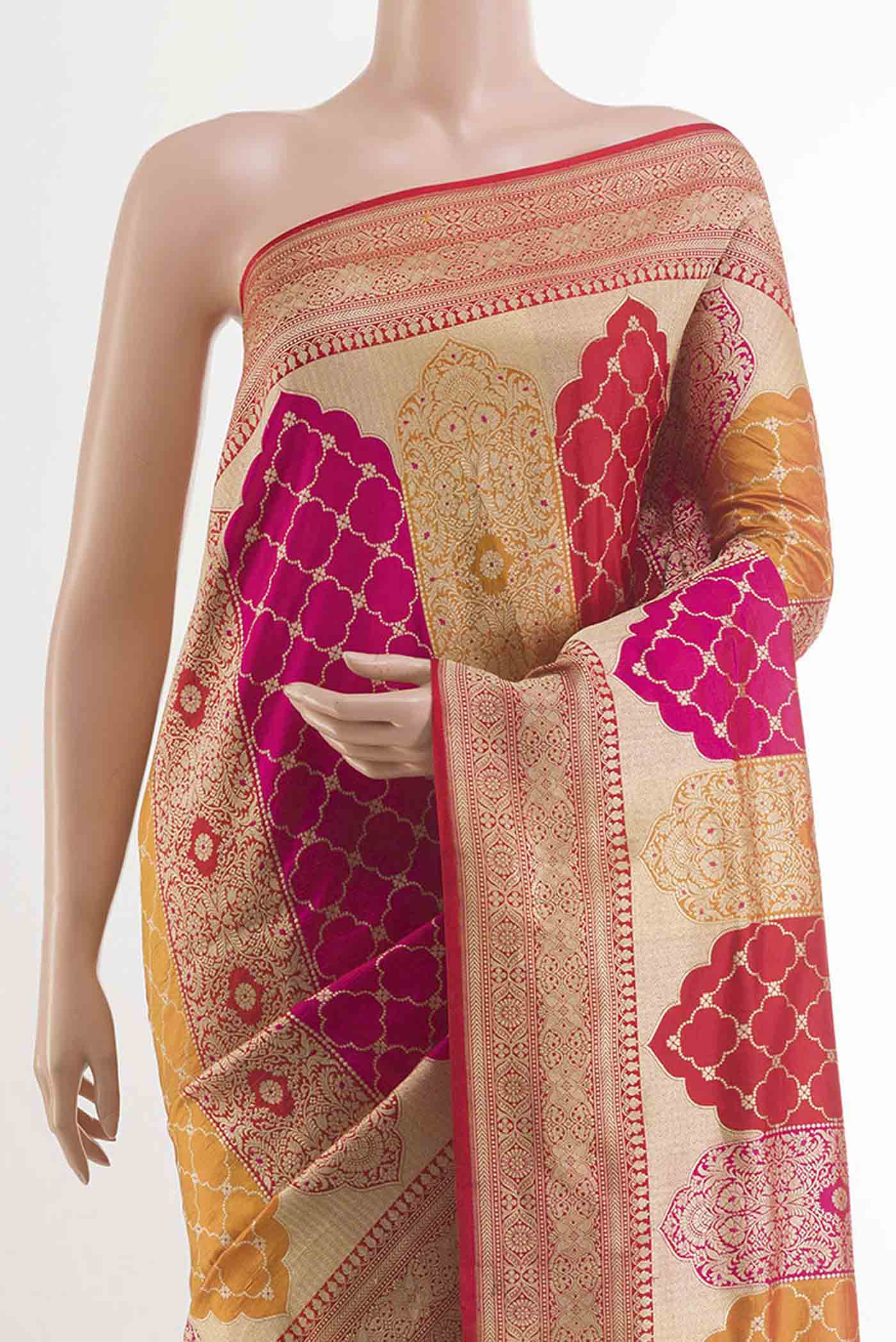 Border image of Multi Color Banarasi Silk Saree with Zari Brocade on the body and Zari Border. 