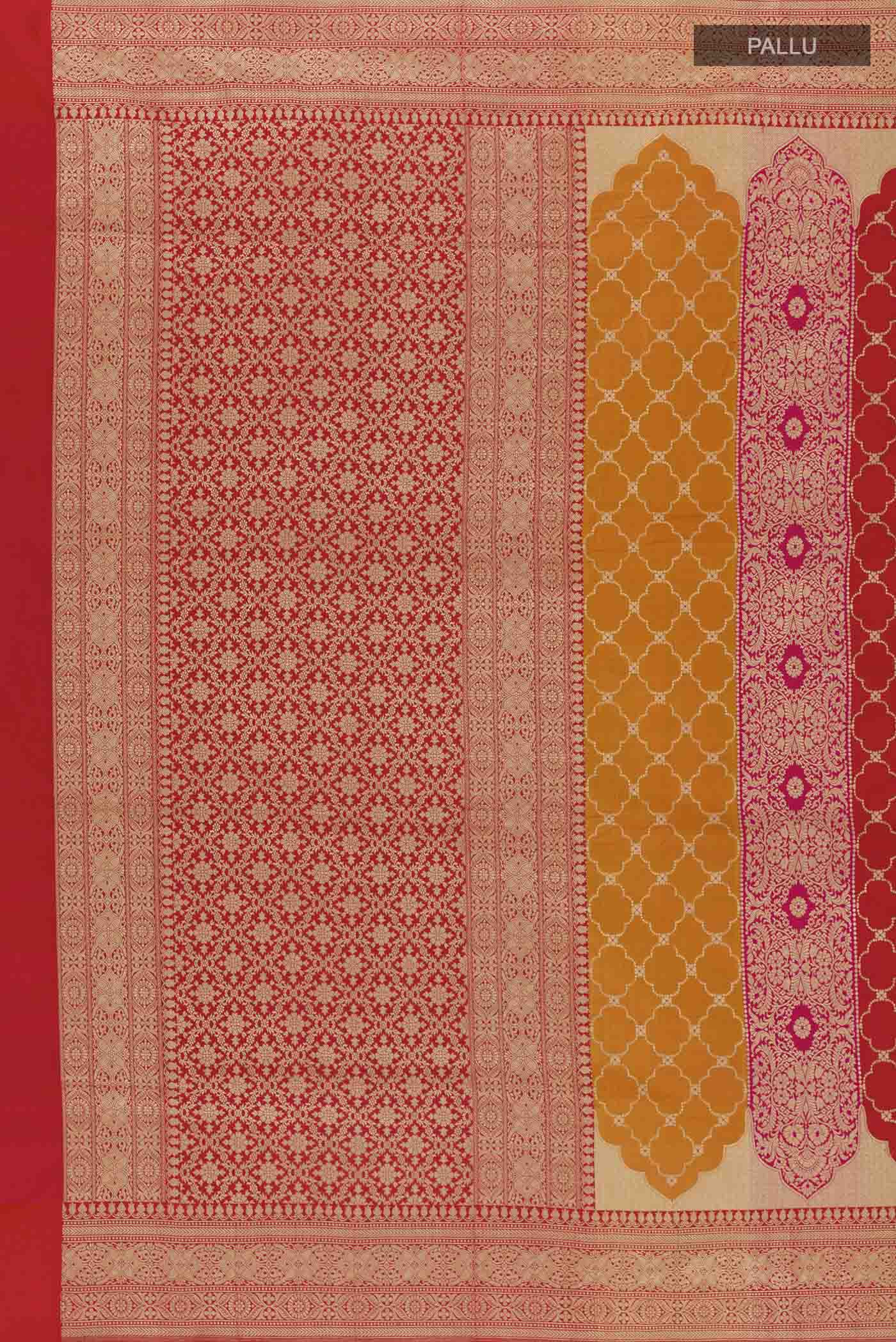 Close up image of the pallu of Multi Color Banarasi Silk Saree with Zari Brocade on the body and Zari Border. 