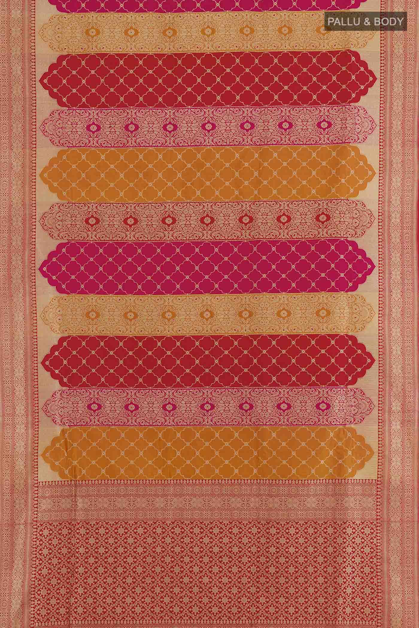 Flat view of Multi Color Banarasi Silk Saree with Zari Brocade on the body and Zari Border. 