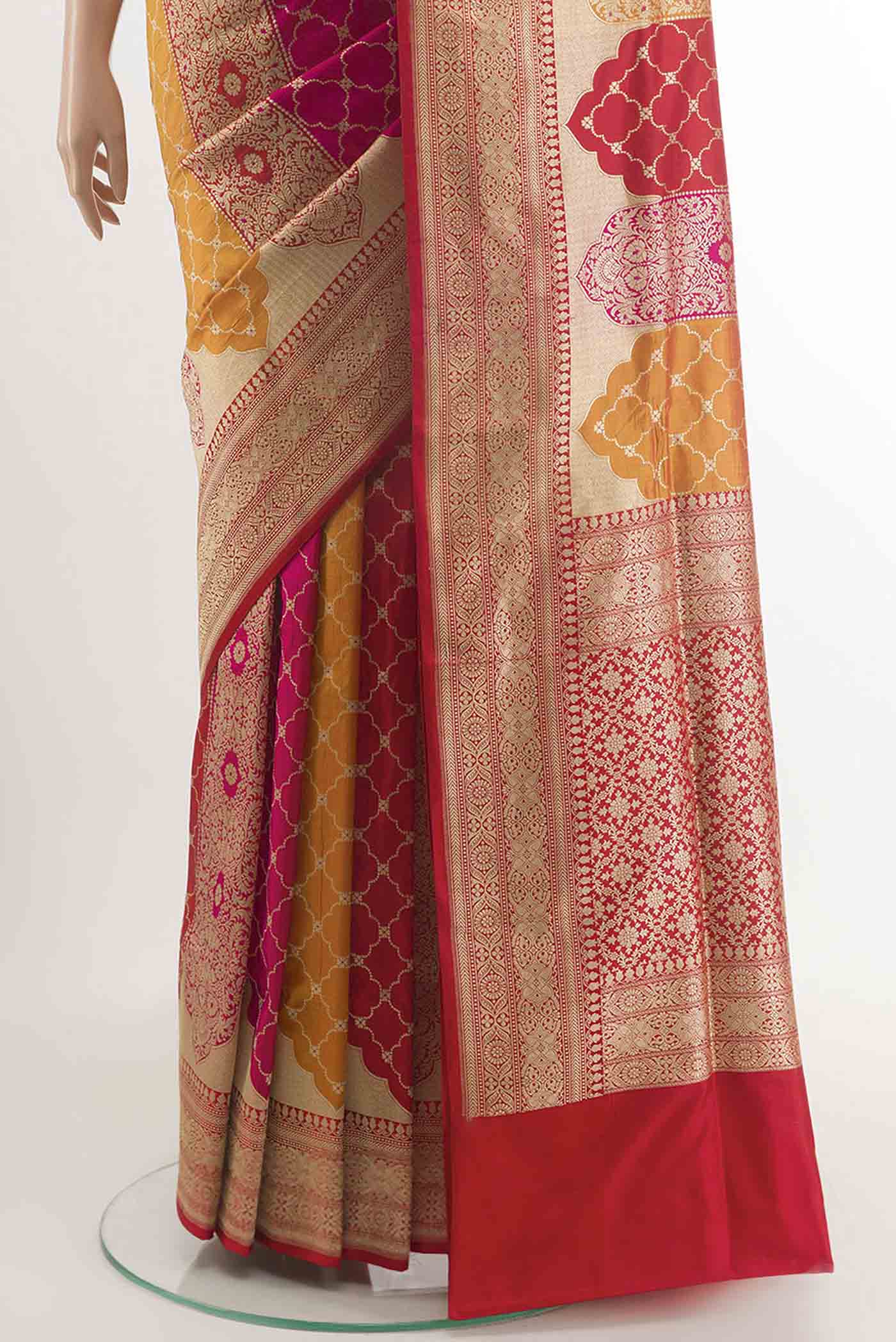 Pleats and pallu of Multi Color Banarasi Silk Saree with Zari Brocade on the body and Zari Border. 