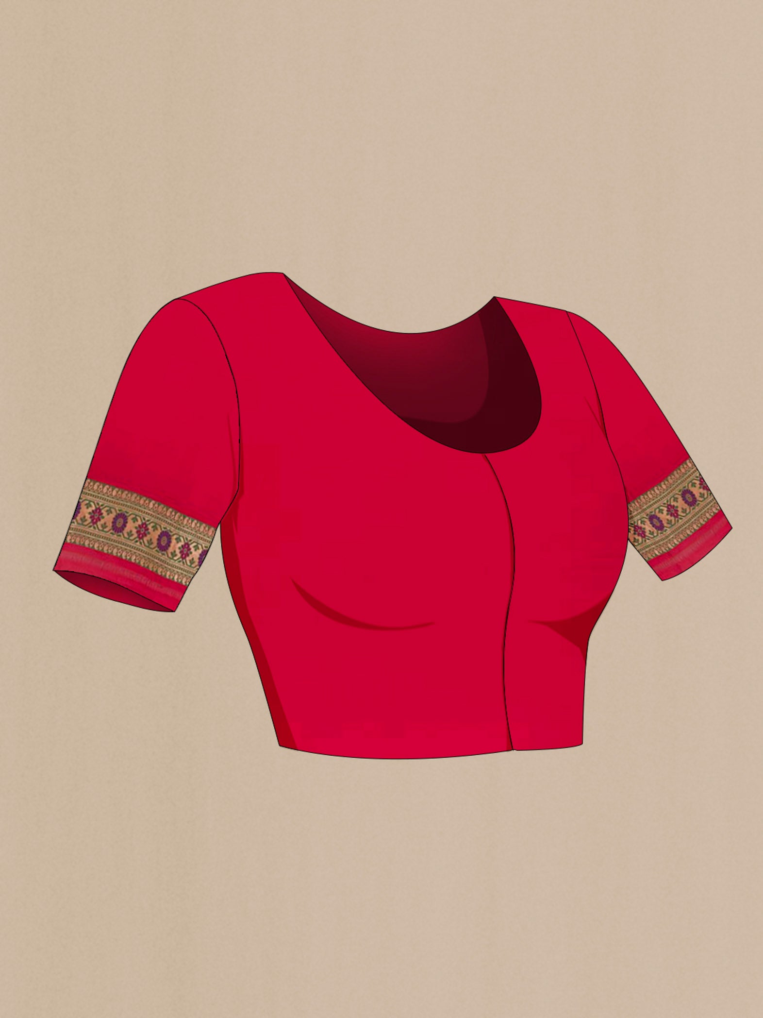 Close up image of the blouse of Red Banarasi Silk Saree with Jamdani on the body and Zari Border. 