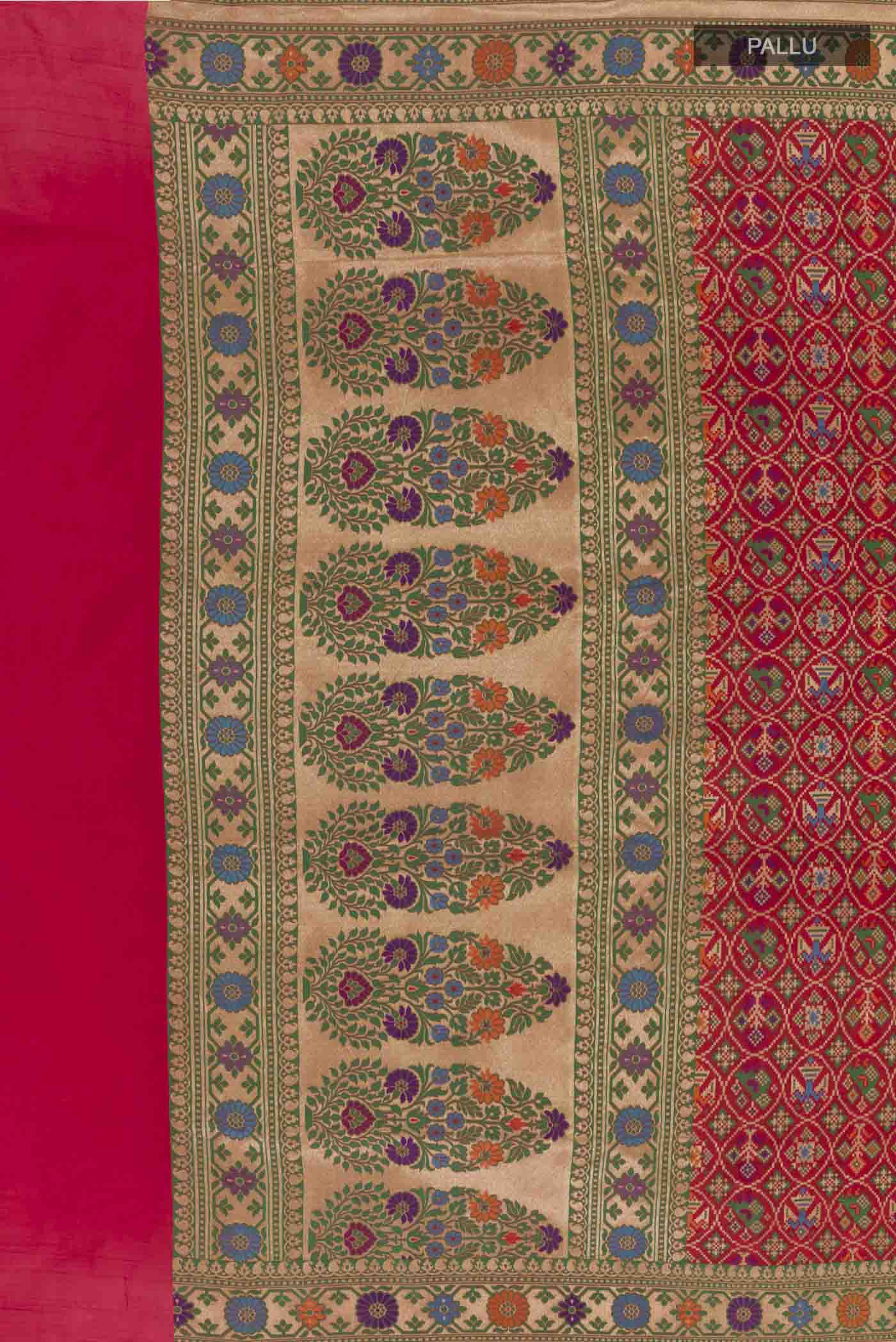 Close up image of the pallu of Red Banarasi Silk Saree with Jamdani on the body and Zari Border. 