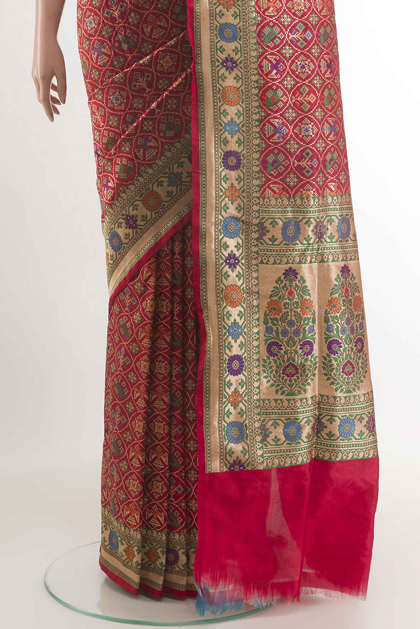 Pleats and pallu of Red Banarasi Silk Saree with Jamdani on the body and Zari Border. 