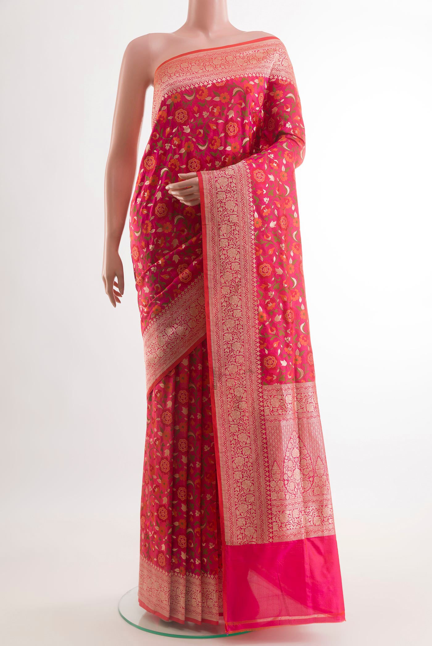 PInk with Red Color Banarasi Silk Saree with Zari Brocade on the body and Zari Border.  displayed on a mannequin