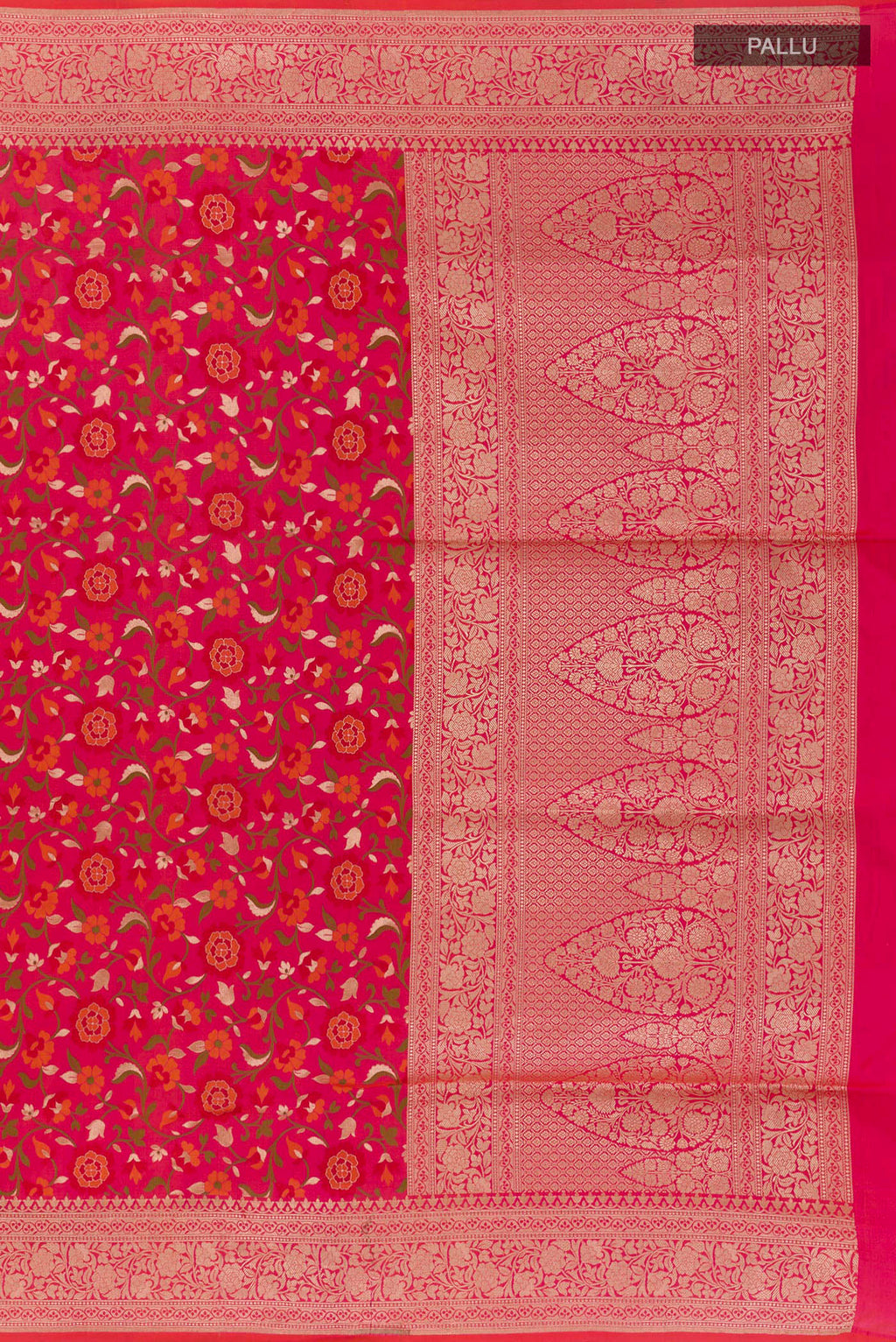 Close up image of the pallu of PInk with Red Color Banarasi Silk Saree with Zari Brocade on the body and Zari Border. 