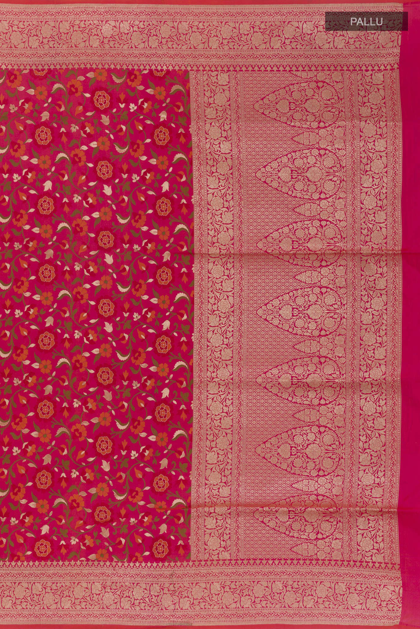 Close up image of the pallu of PInk with Red Color Banarasi Silk Saree with Zari Brocade on the body and Zari Border. 