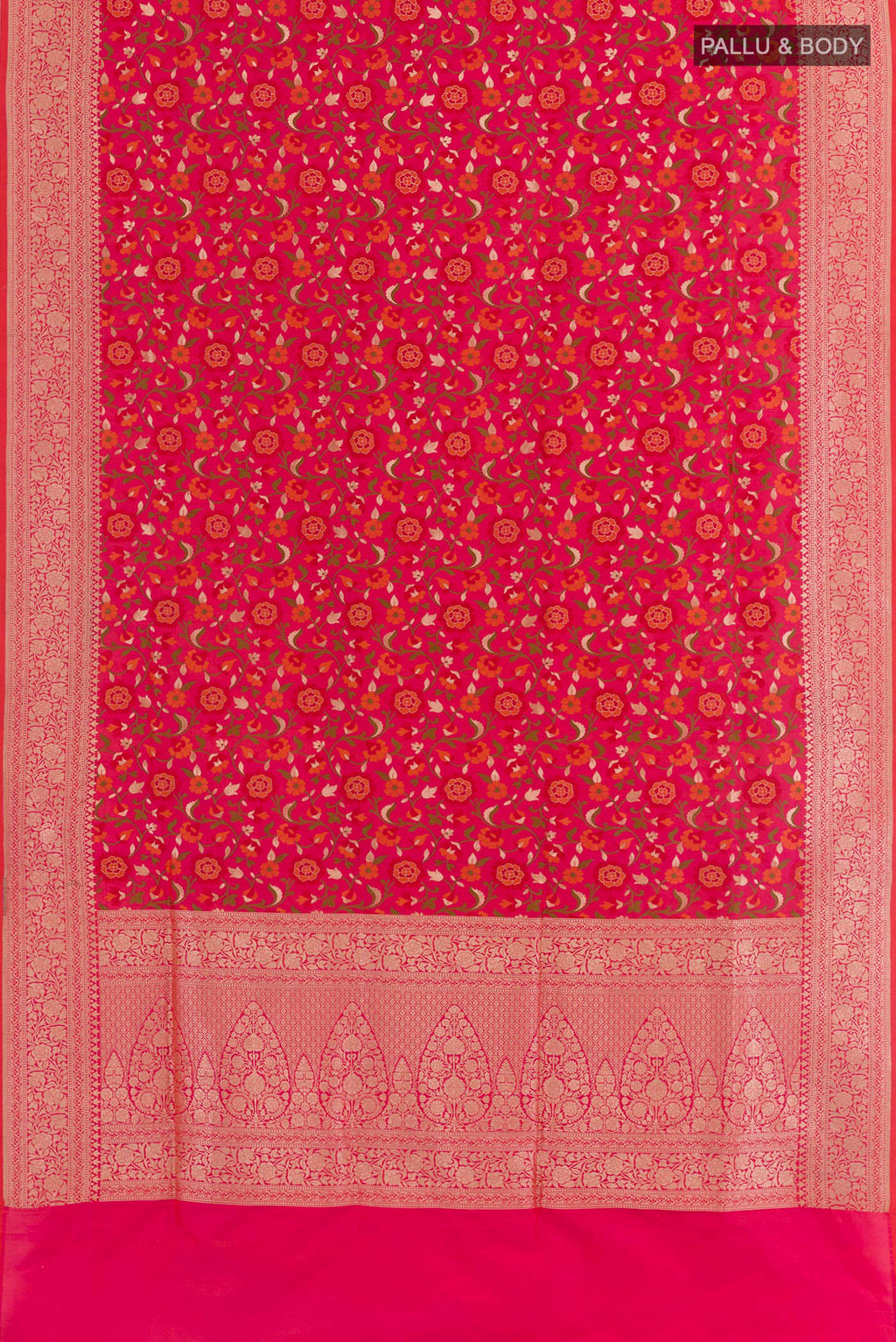 Flat view of PInk with Red Color Banarasi Silk Saree with Zari Brocade on the body and Zari Border. 