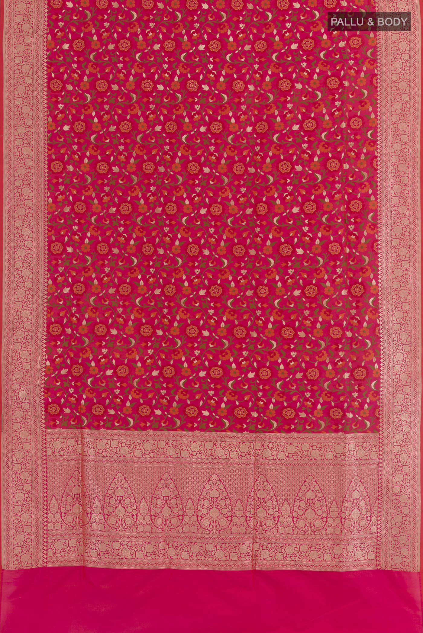 Flat view of PInk with Red Color Banarasi Silk Saree with Zari Brocade on the body and Zari Border. 