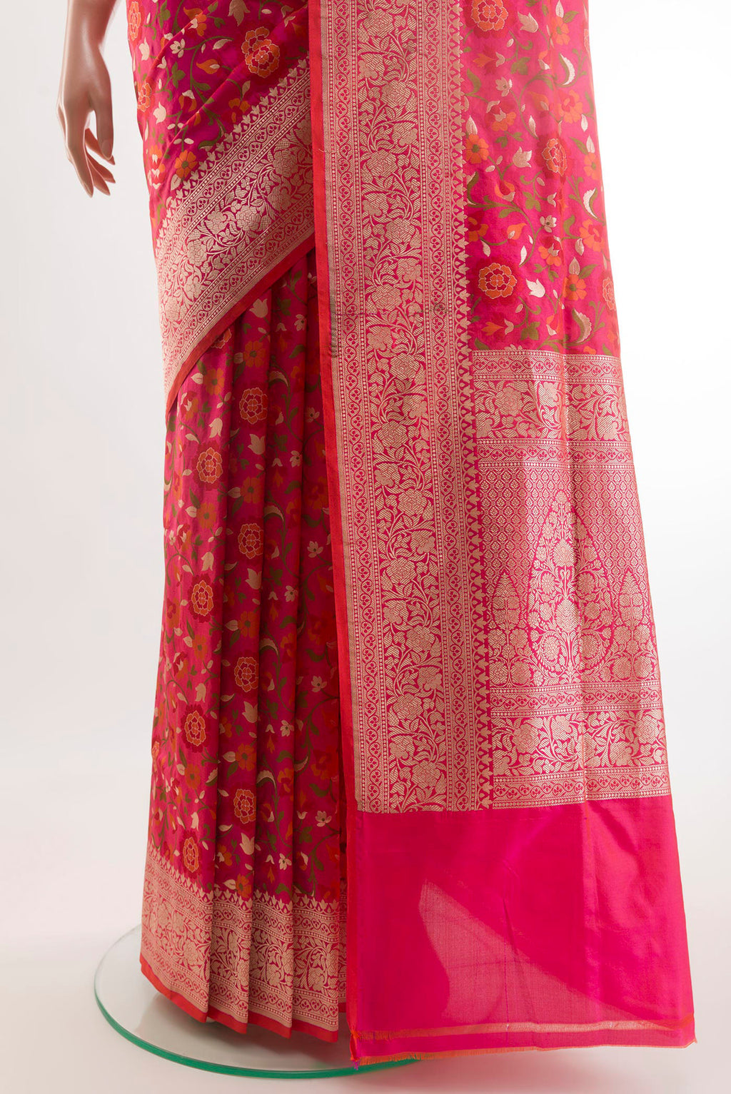 Pleats and pallu of PInk with Red Color Banarasi Silk Saree with Zari Brocade on the body and Zari Border. 