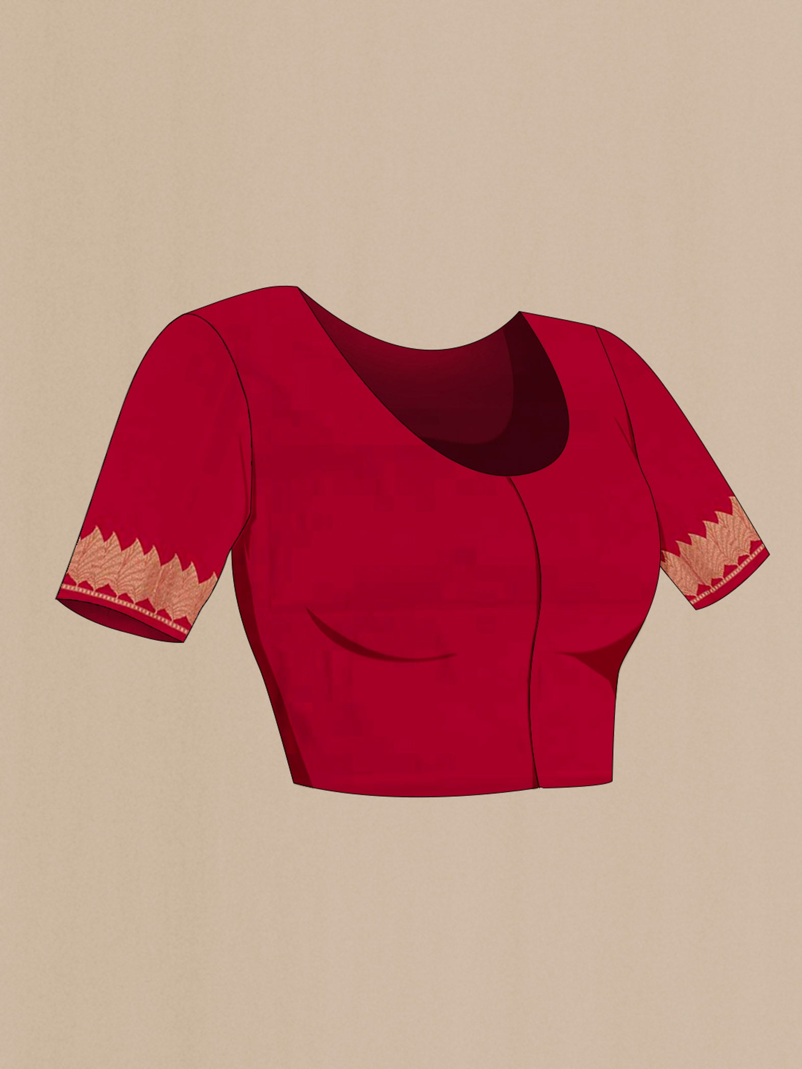 Close up image of the blouse of Pure Silk Pure Zari Red Banarasi Saree with Zari Butta on the body and Zari Border. 